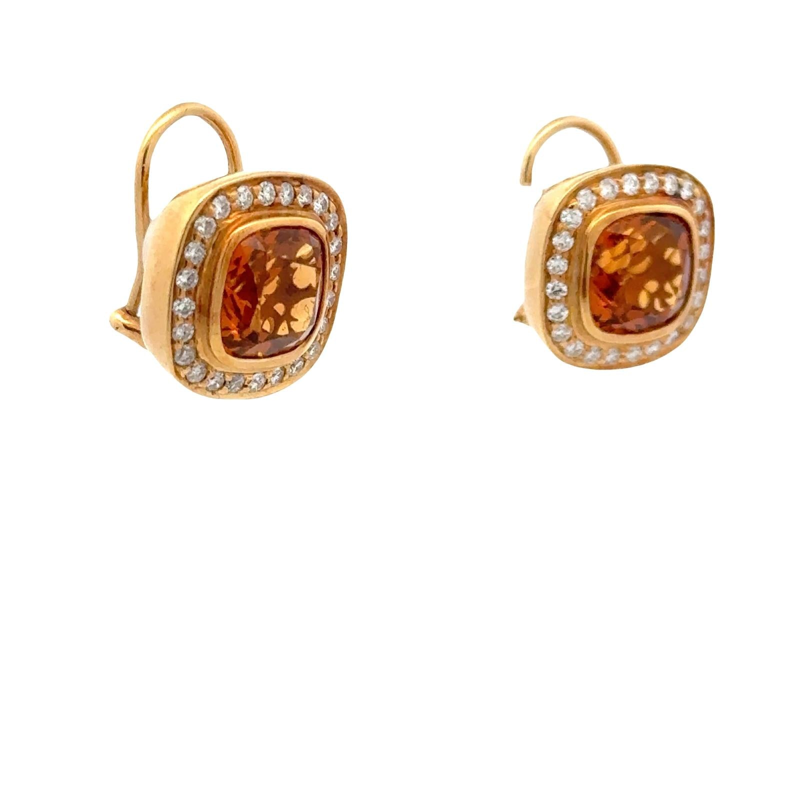 Cushion Cut Citrine Diamond 18 Karat Yellow Gold Leverback Earrings