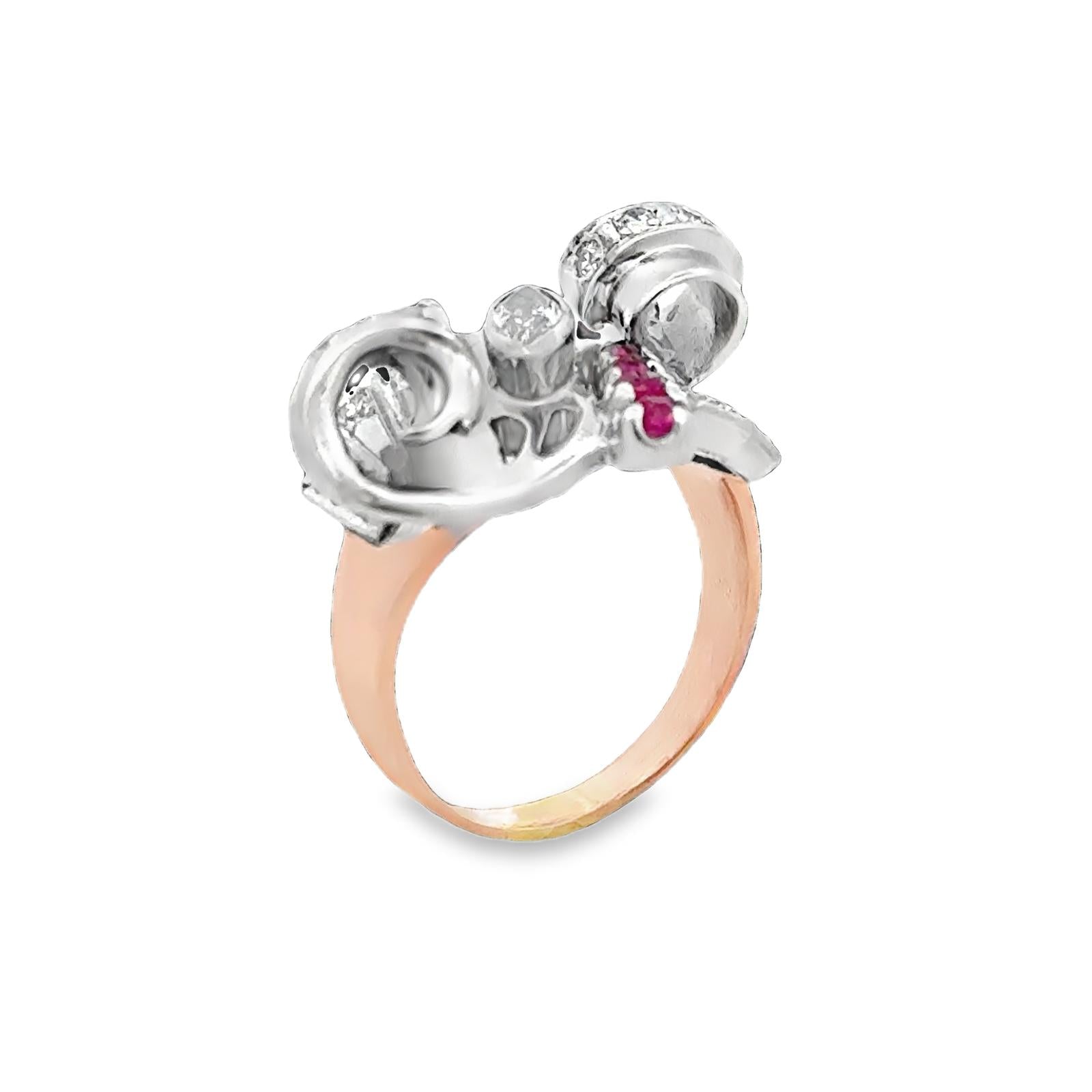 1950's Retro Marquise Diamond Ruby 18 Karat Two Tone Gold Swirl Cocktail Ring
