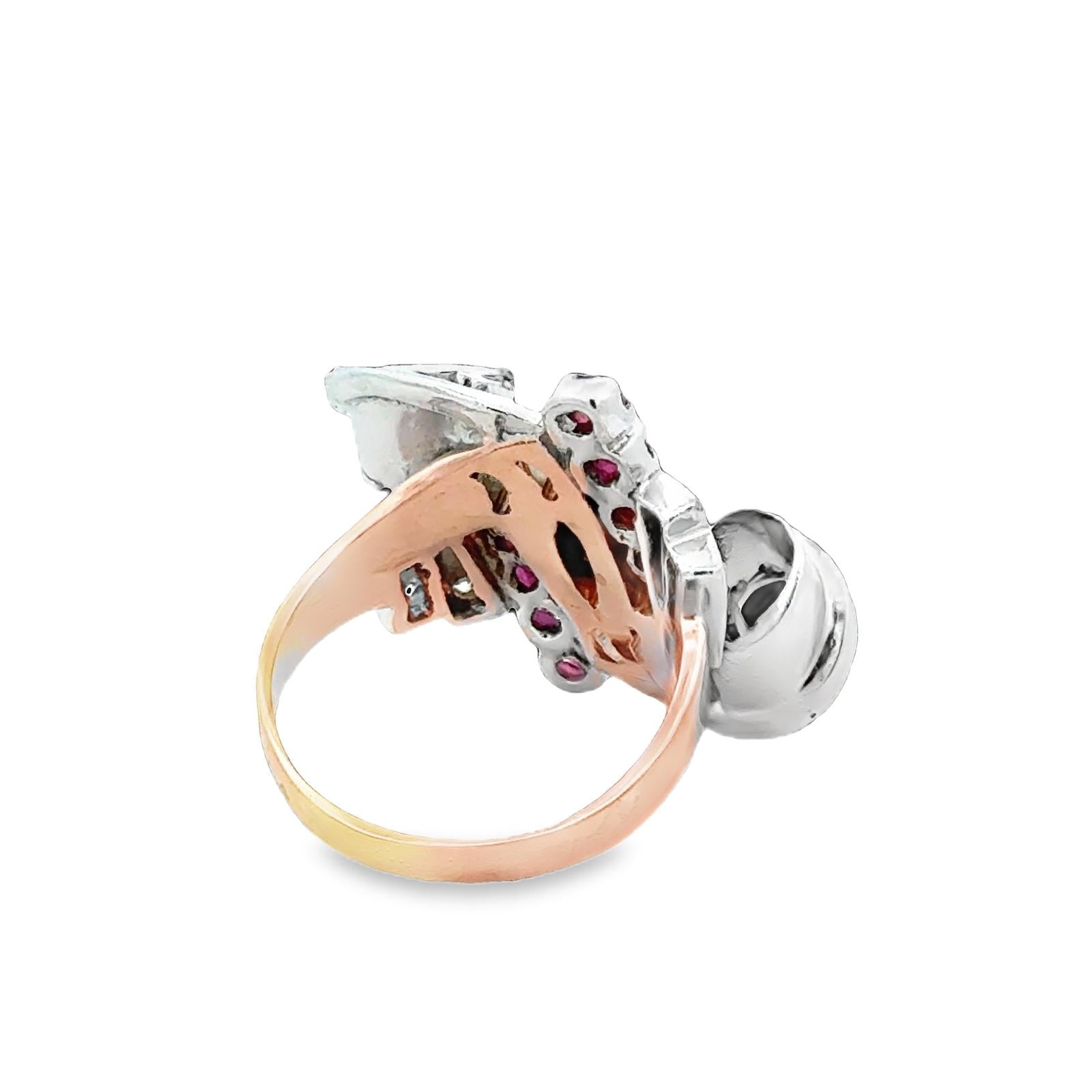 1950's Retro Marquise Diamond Ruby 18 Karat Two Tone Gold Swirl Cocktail Ring