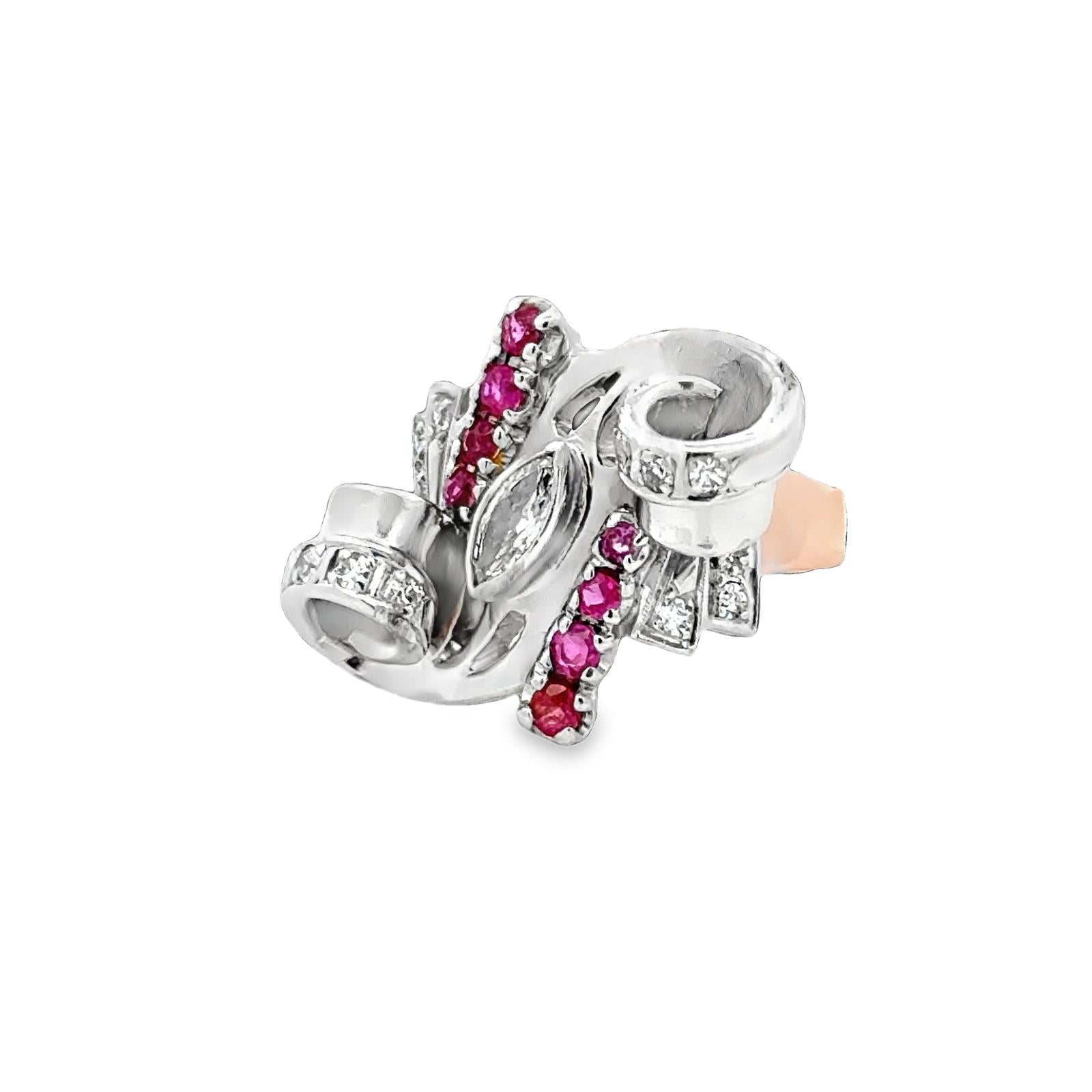1950's Retro Marquise Diamond Ruby 18 Karat Two Tone Gold Swirl Cocktail Ring