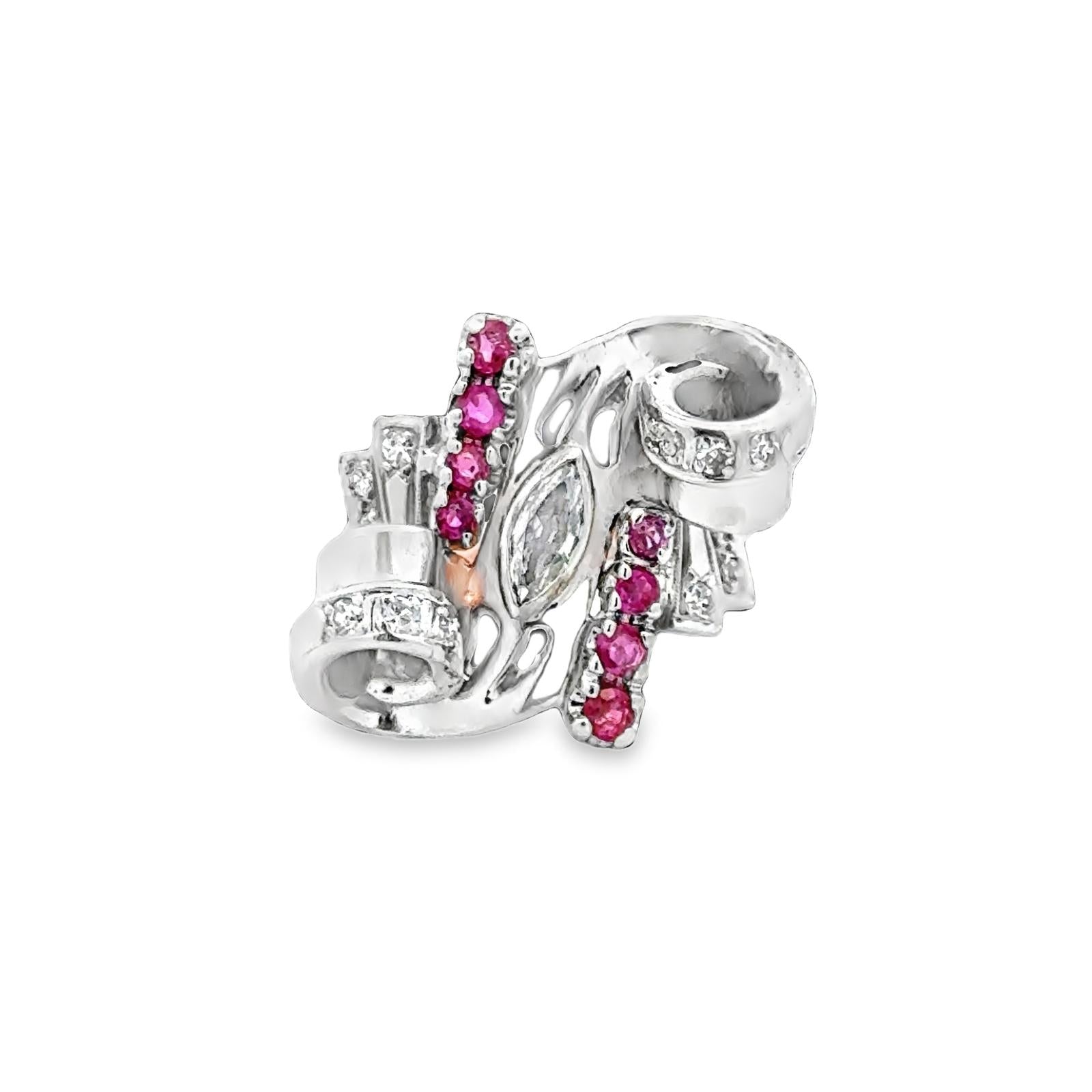 1950's Retro Marquise Diamond Ruby 18 Karat Two Tone Gold Swirl Cocktail Ring