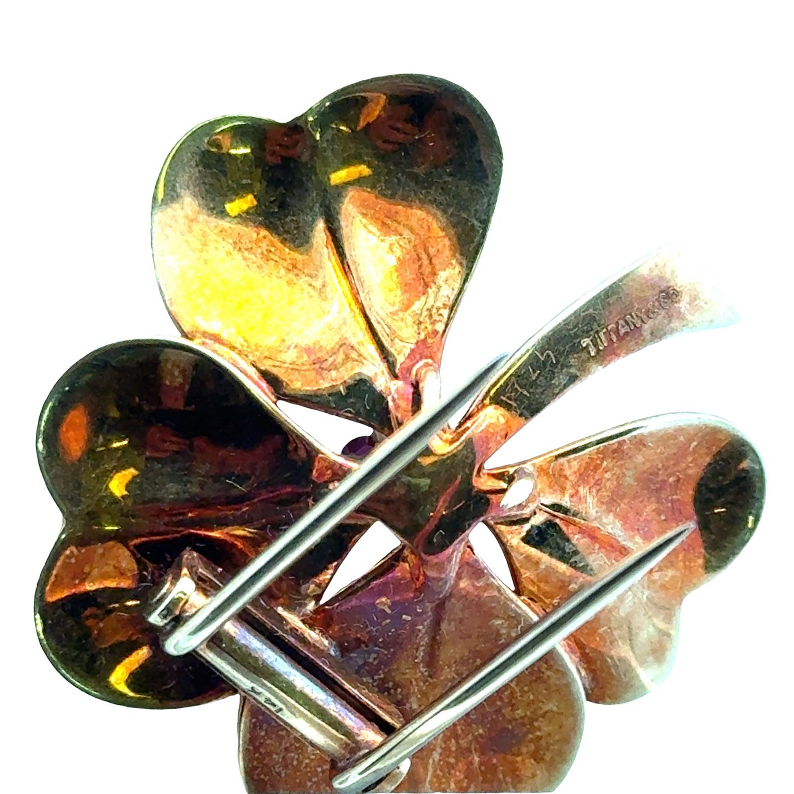 Tiffany & Co. Diamond Ruby 14 Karat Yellow Gold Clover Brooch Set of 2