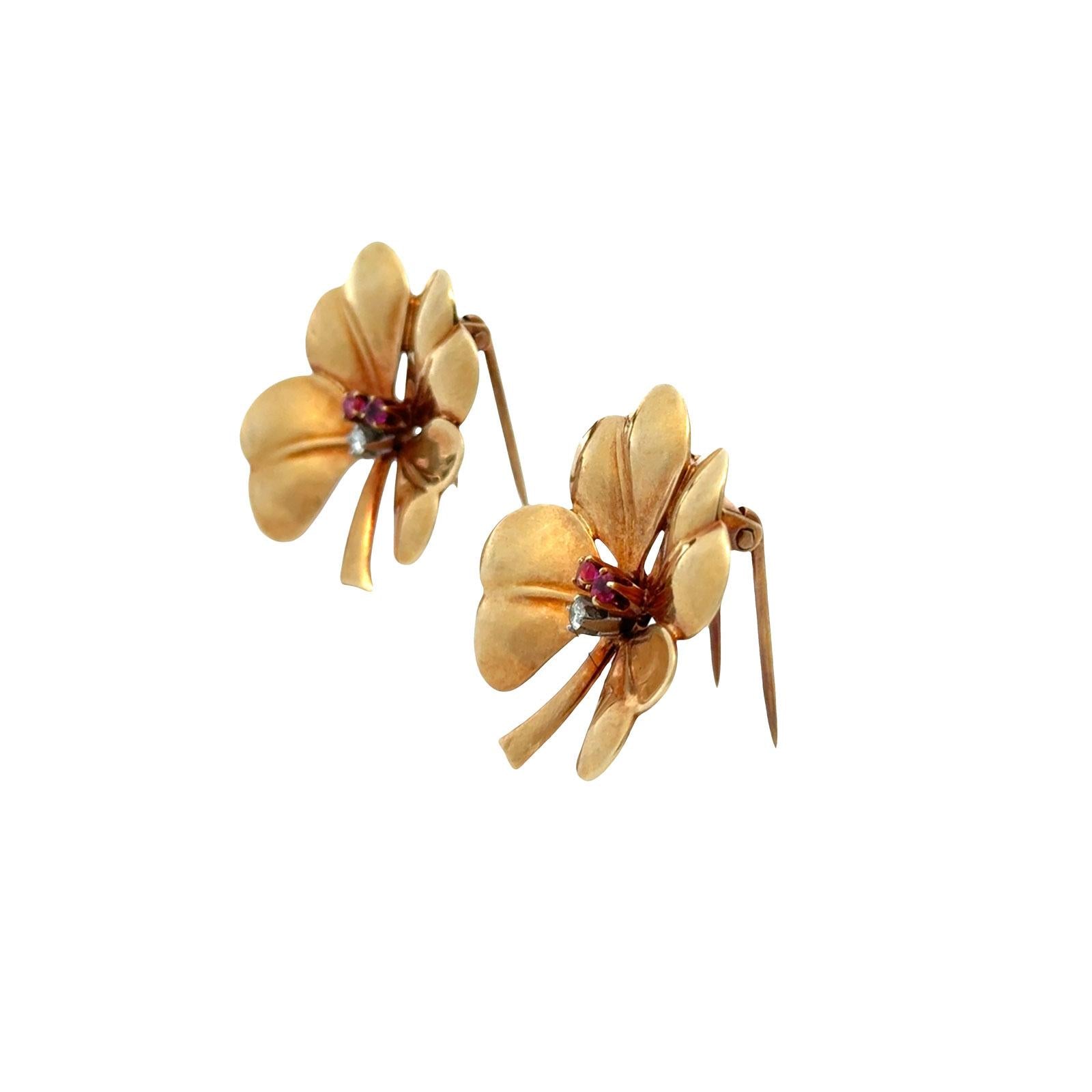 Tiffany & Co. Diamond Ruby 14 Karat Yellow Gold Clover Brooch Set of 2