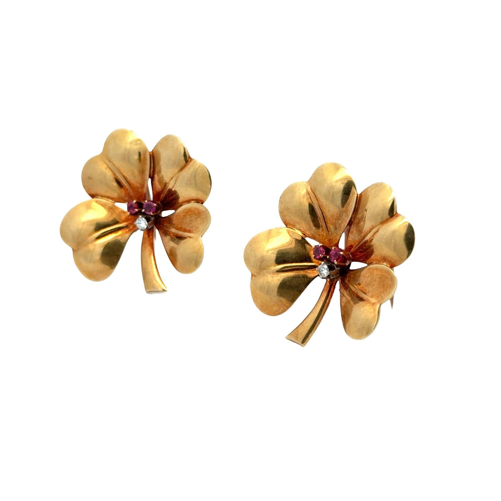 Tiffany & Co. Diamond Ruby 14 Karat Yellow Gold Clover Brooch Set of 2