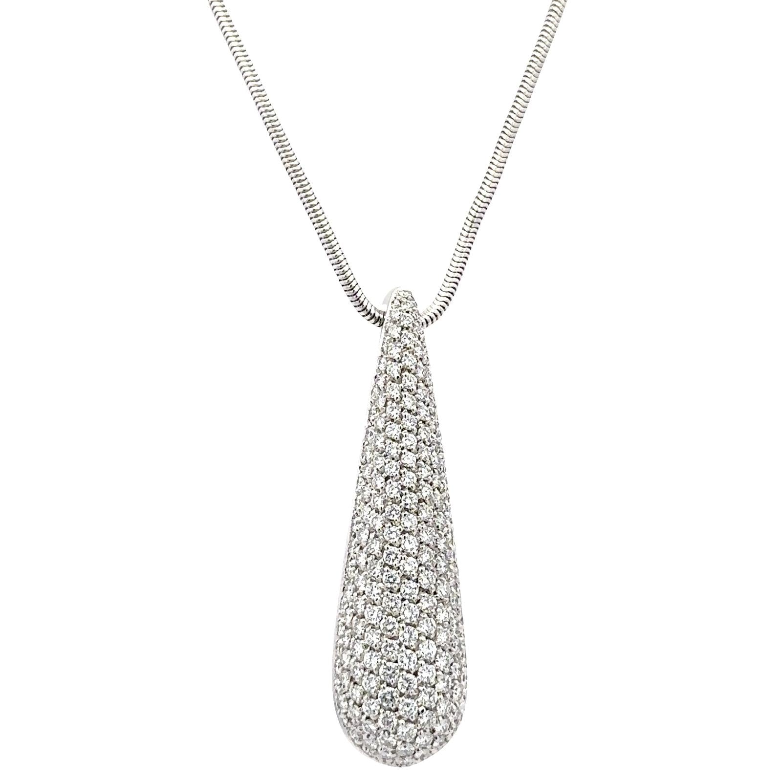 Pavé Diamond 18 Karat White Gold Teardrop Pendant Snake Chain Necklace
