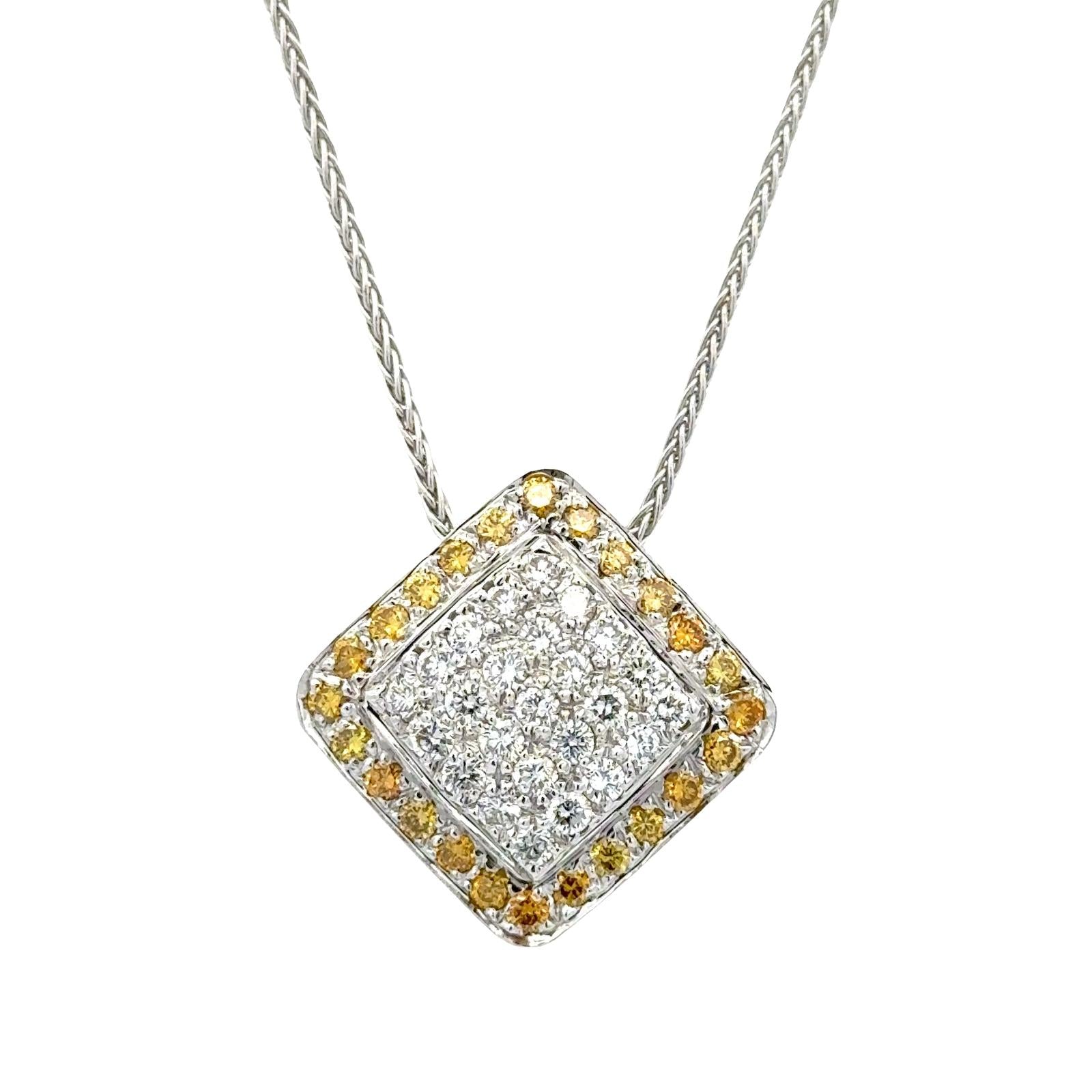 White & Yellow Diamond 18 Karat Two Tone Square Pendant Necklace Contemporary