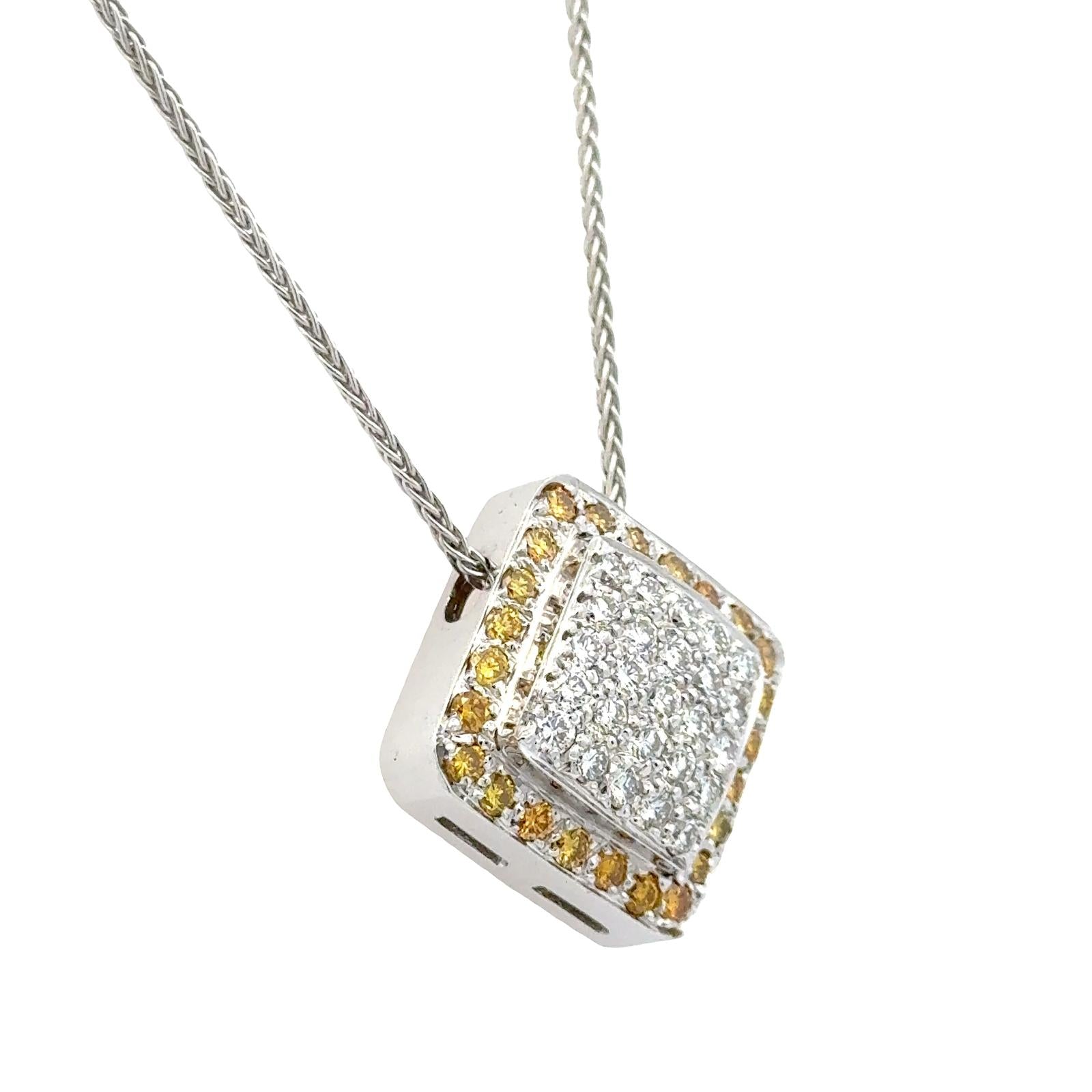 White & Yellow Diamond 18 Karat Two Tone Square Pendant Necklace Contemporary