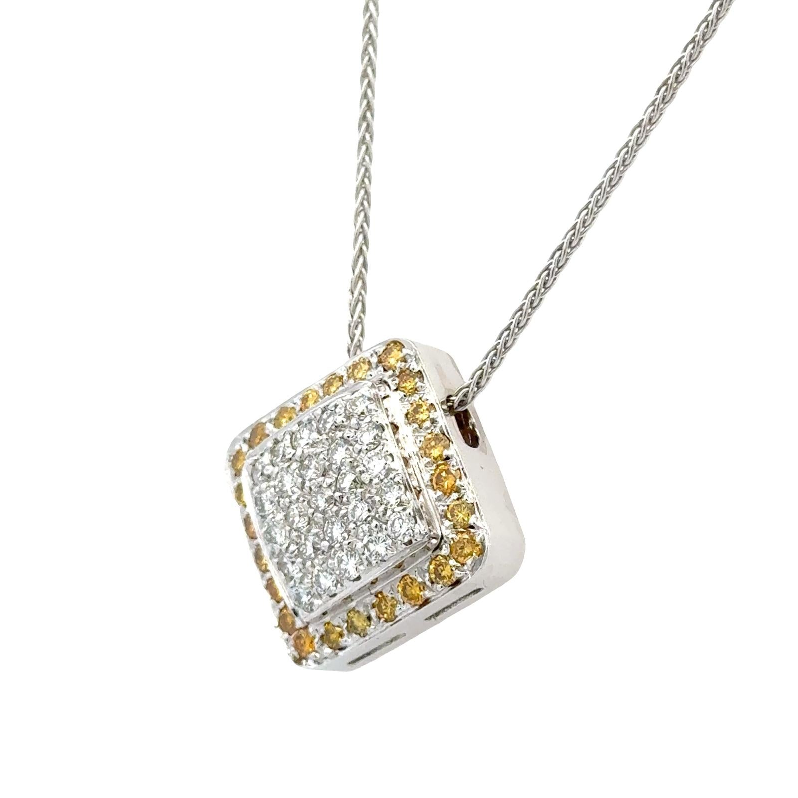 White & Yellow Diamond 18 Karat Two Tone Square Pendant Necklace Contemporary