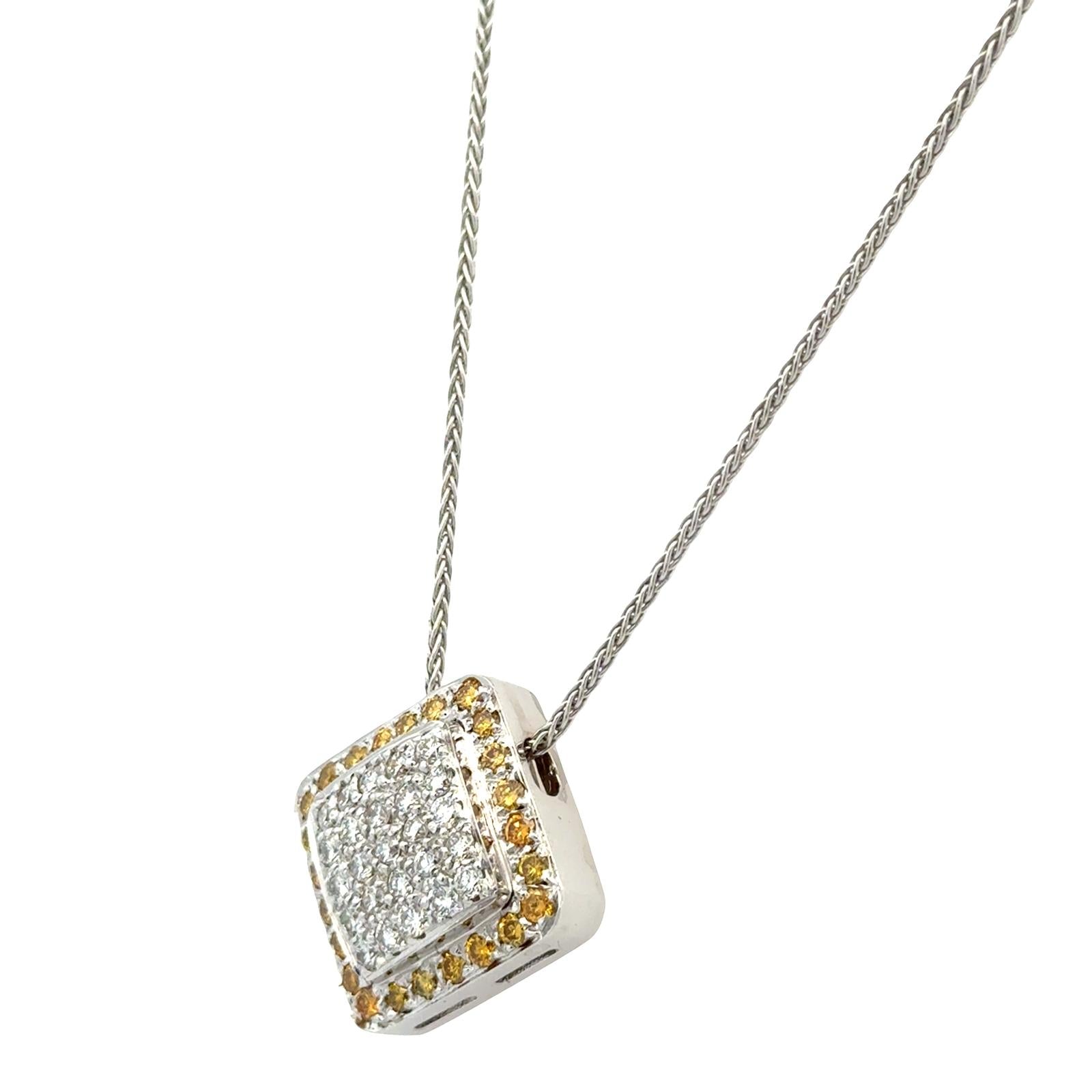 White & Yellow Diamond 18 Karat Two Tone Square Pendant Necklace Contemporary