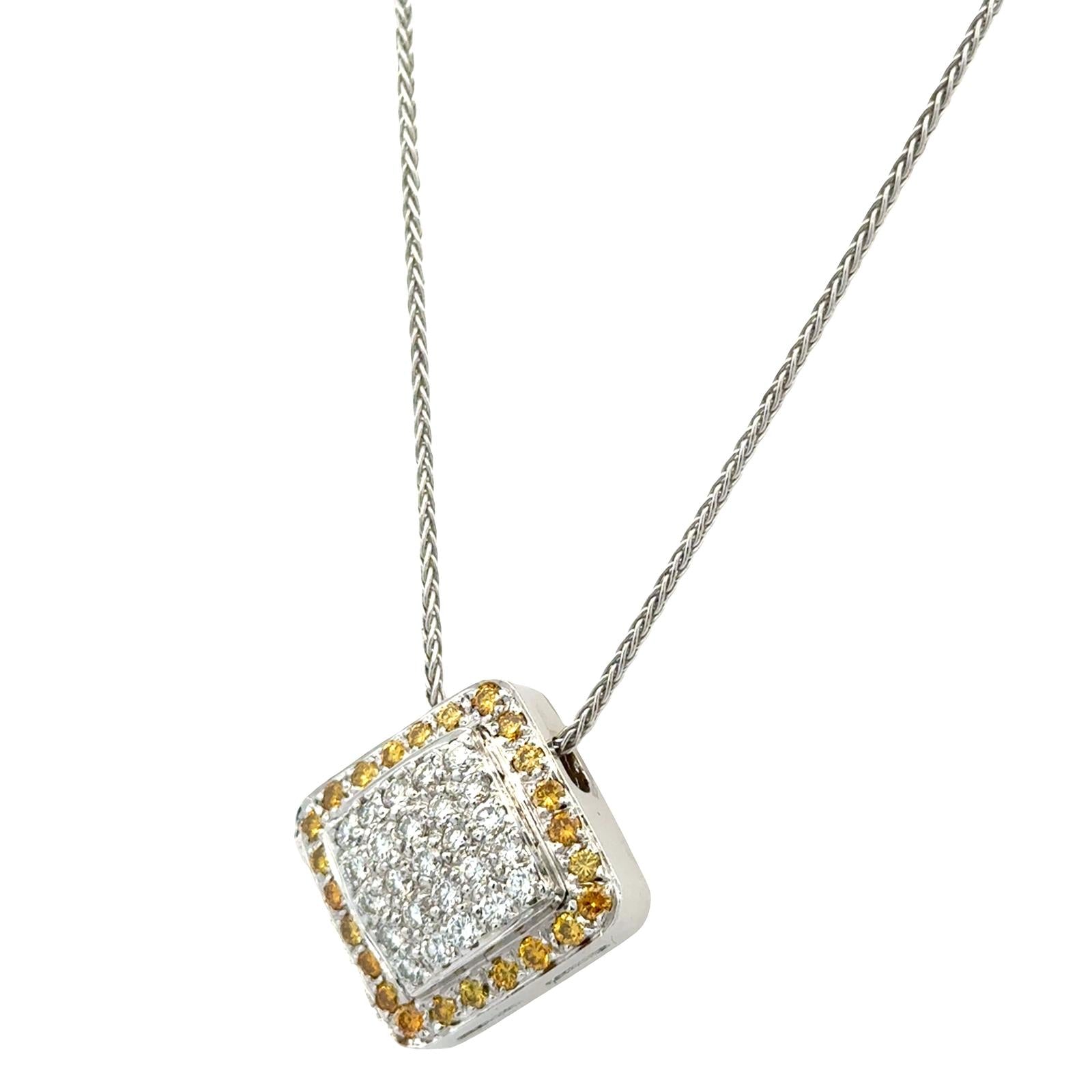 White & Yellow Diamond 18 Karat Two Tone Square Pendant Necklace Contemporary