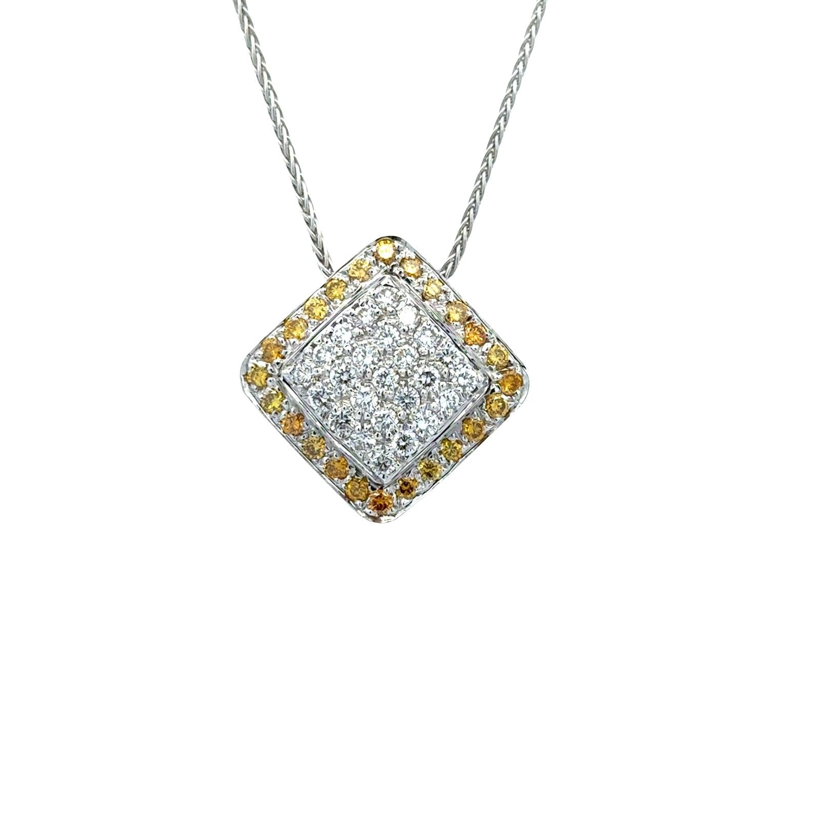 White & Yellow Diamond 18 Karat Two Tone Square Pendant Necklace Contemporary