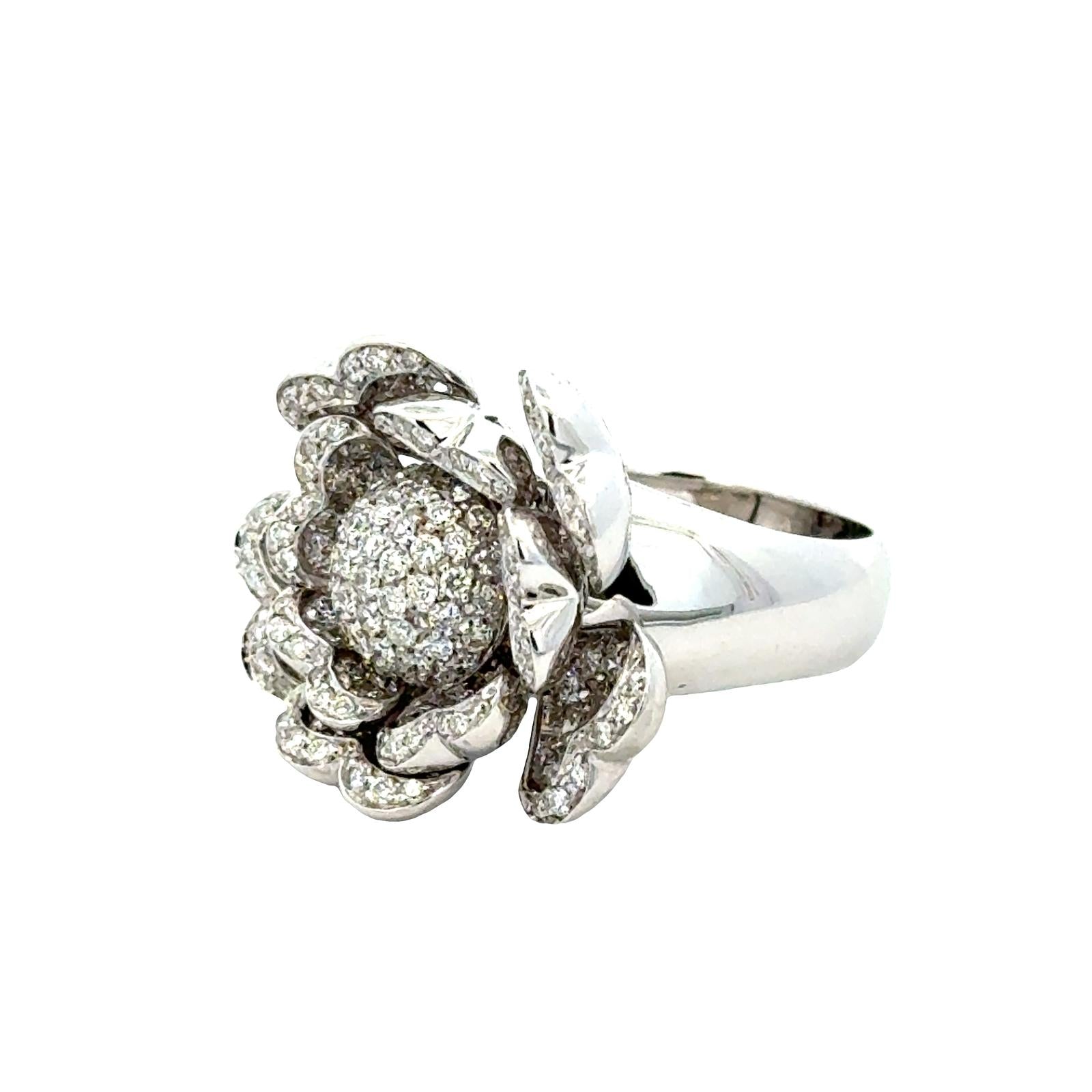 Italian Diamond Flower Temblant Petals Statement Ring 18 Karat White Gold