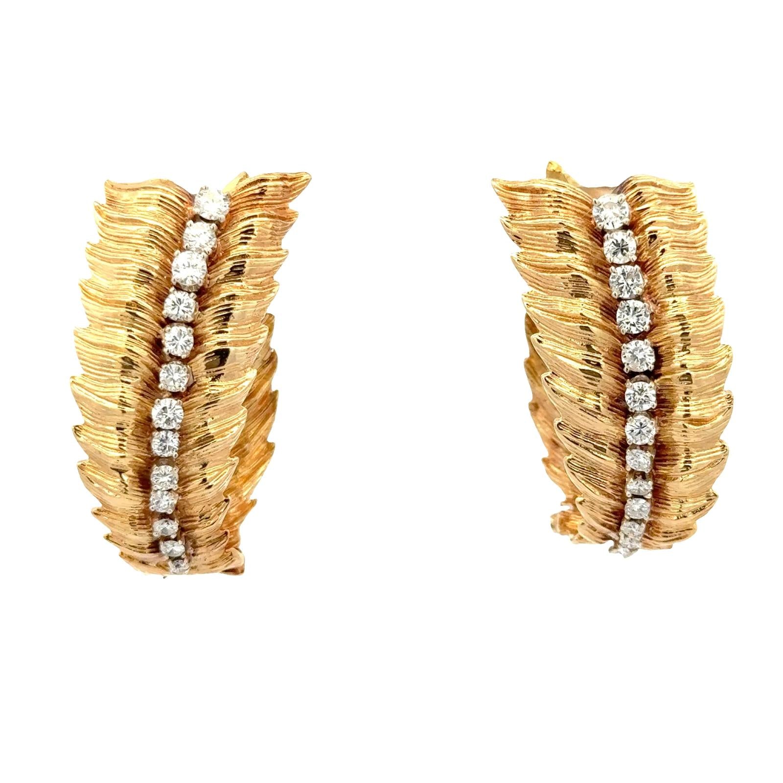 1960's Diamond 18 Karat Yellow Gold Leaf Elongated Hoop Vintage Earrings