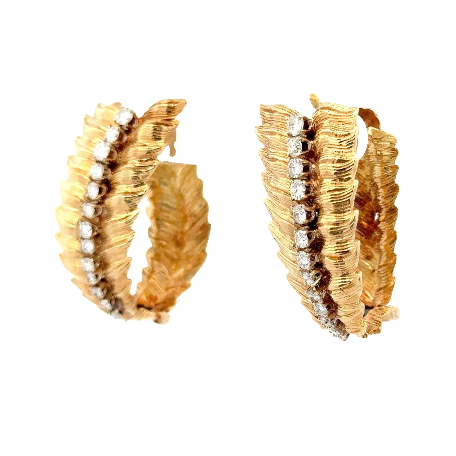 1960's Diamond 18 Karat Yellow Gold Leaf Elongated Hoop Vintage Earrings