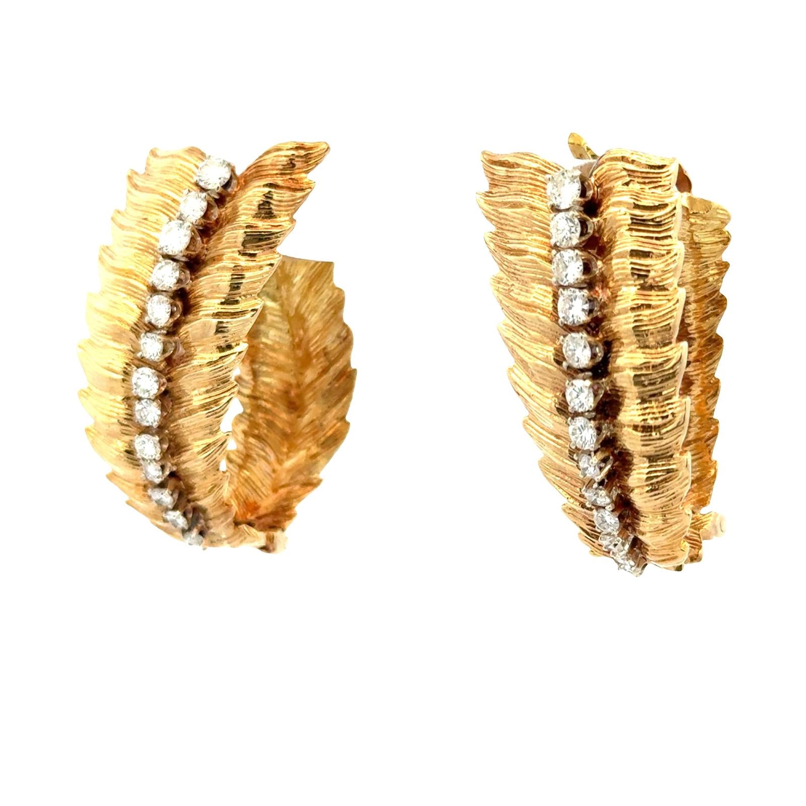 1960's Diamond 18 Karat Yellow Gold Leaf Elongated Hoop Vintage Earrings