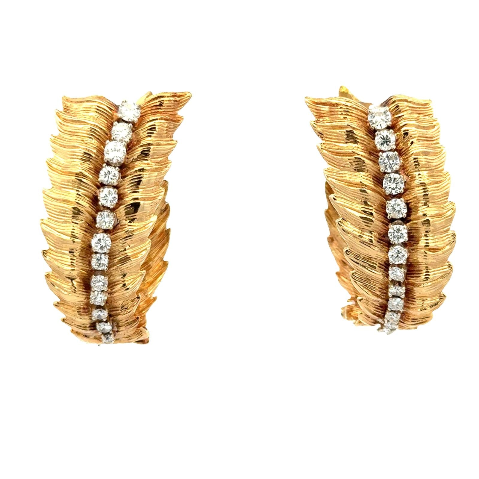 1960's Diamond 18 Karat Yellow Gold Leaf Elongated Hoop Vintage Earrings