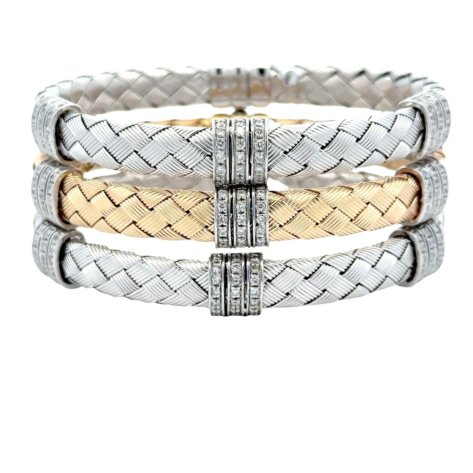 Set Of Three 14 Karat White & Yellow Woven Gold Diamond Stacking Bracelets