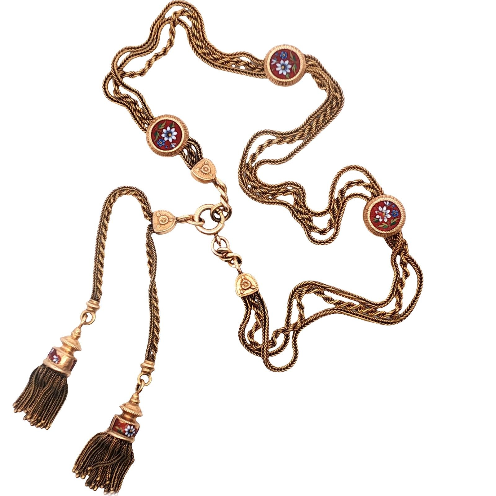Victorian Enamel Floral Design Gold Choker Tassel Necklace Antique