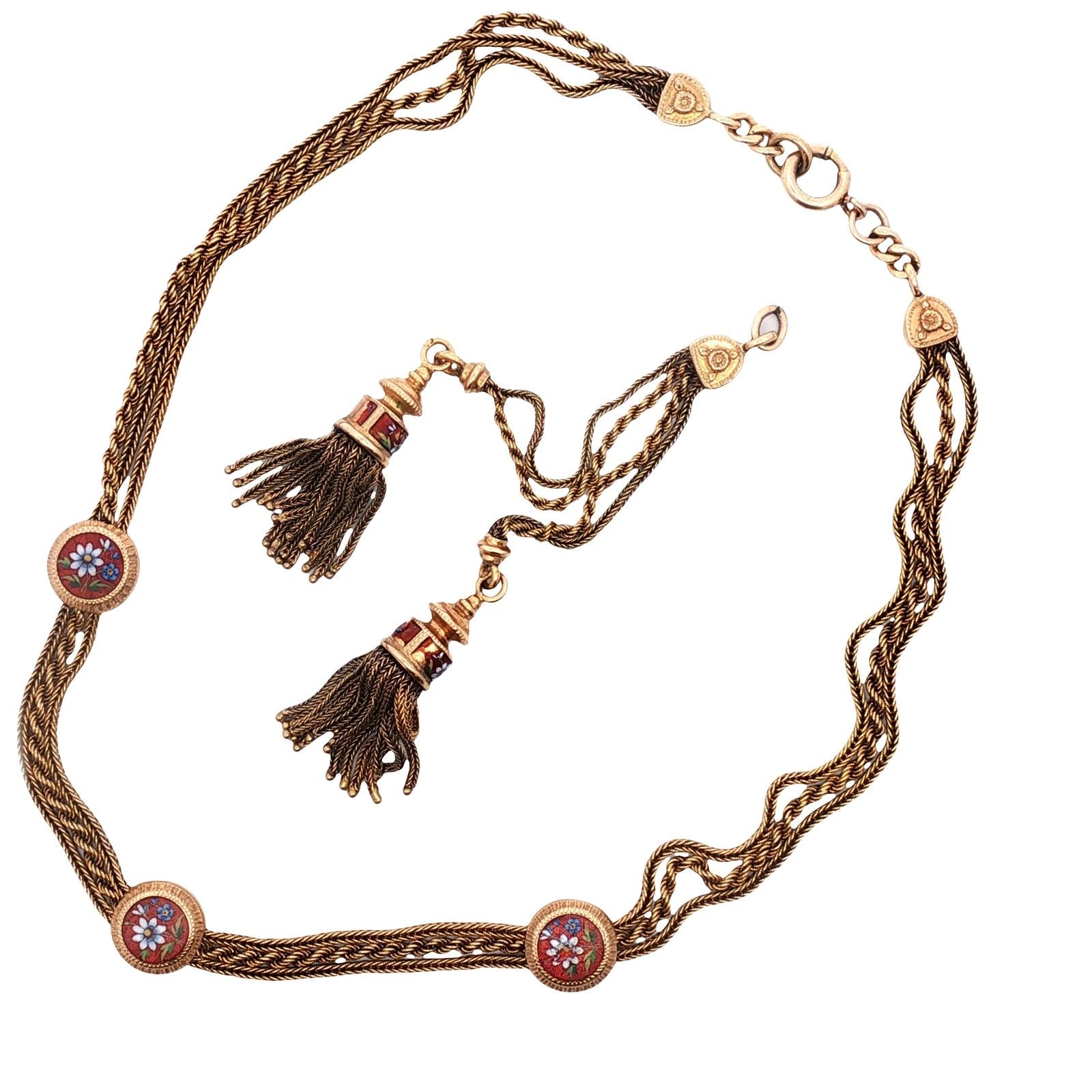 Victorian Enamel Floral Design Gold Choker Tassel Necklace Antique