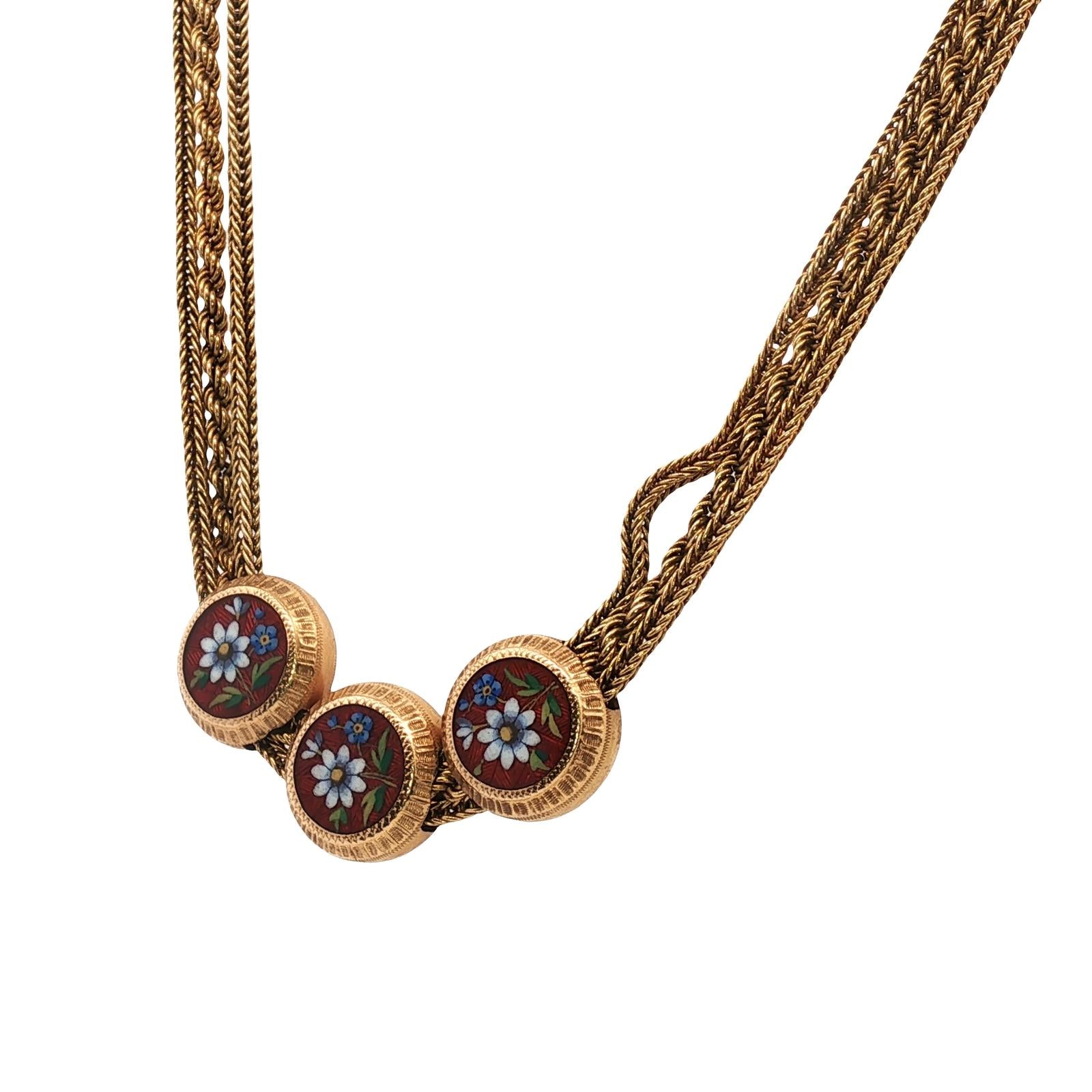 Victorian Enamel Floral Design Gold Choker Tassel Necklace Antique