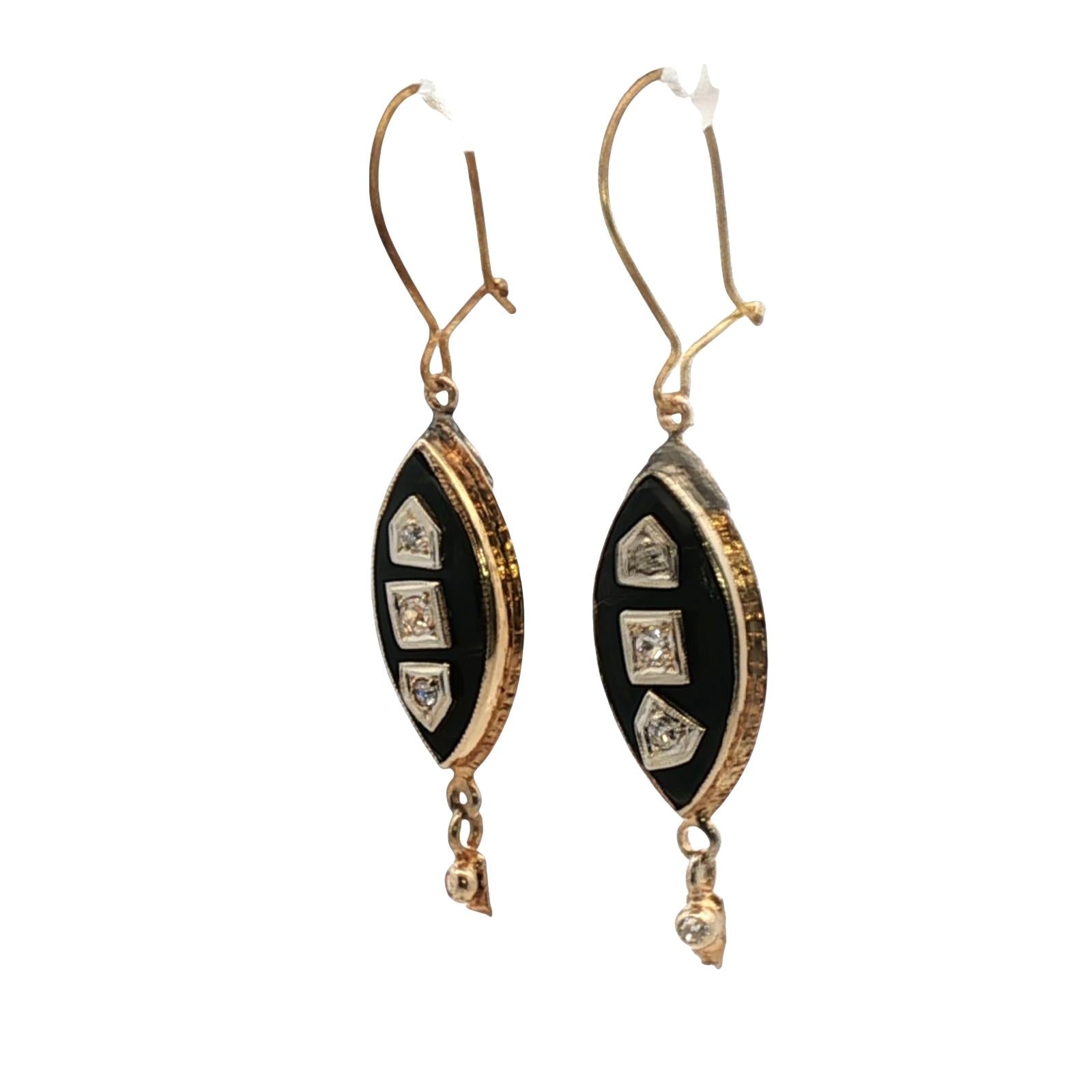 Victorian Onyx Diamond 18 Karat Yellow Gold Dangle Drop Antique Earrings