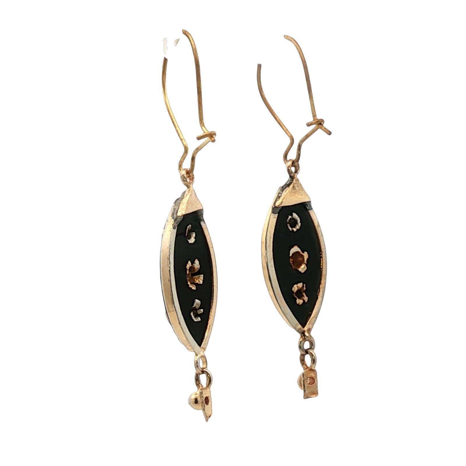 Victorian Onyx Diamond 18 Karat Yellow Gold Dangle Drop Antique Earrings