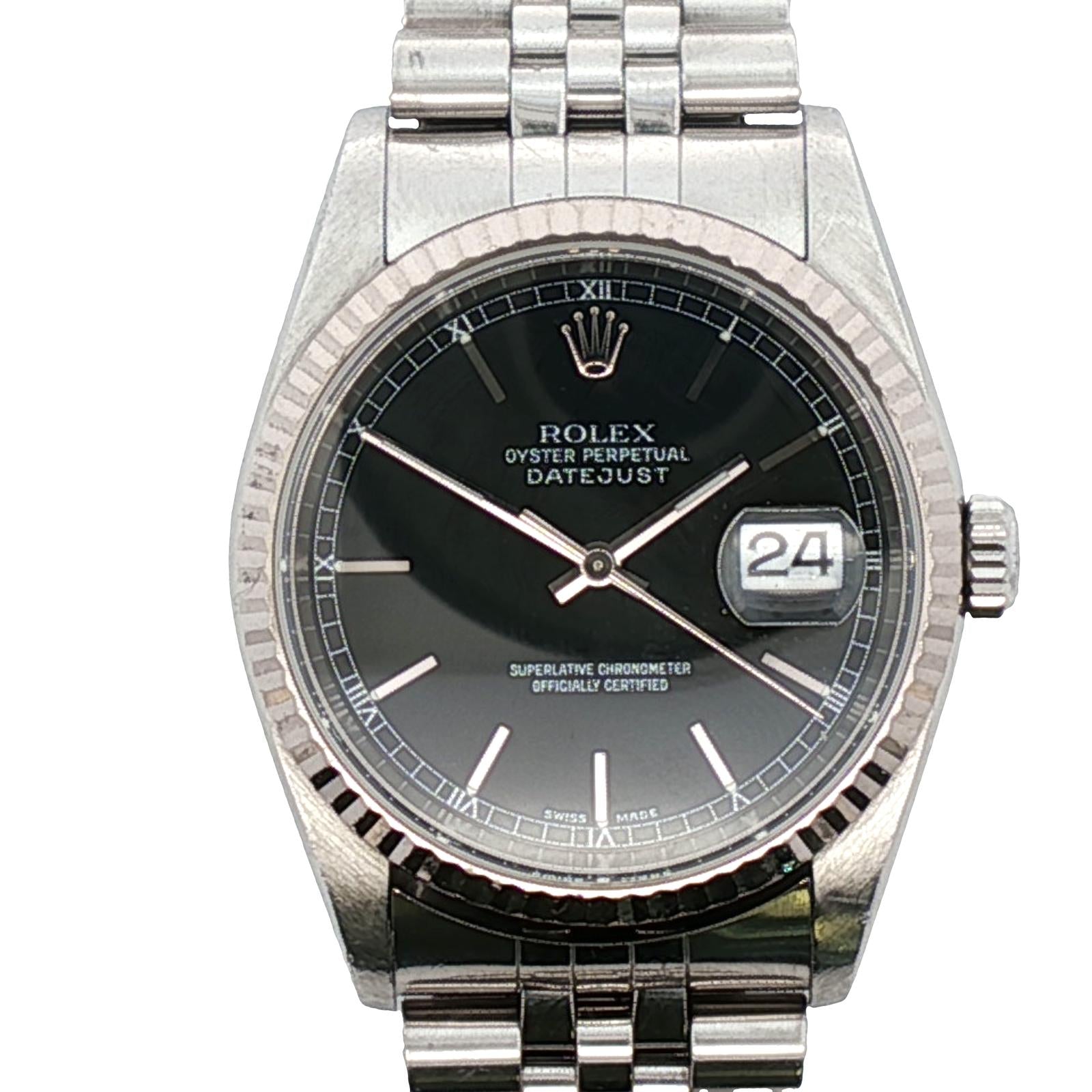 Rolex Datejust 36mm 16234 Black Dial Fluted Bezel Jubilee Bracelet Circa 2004