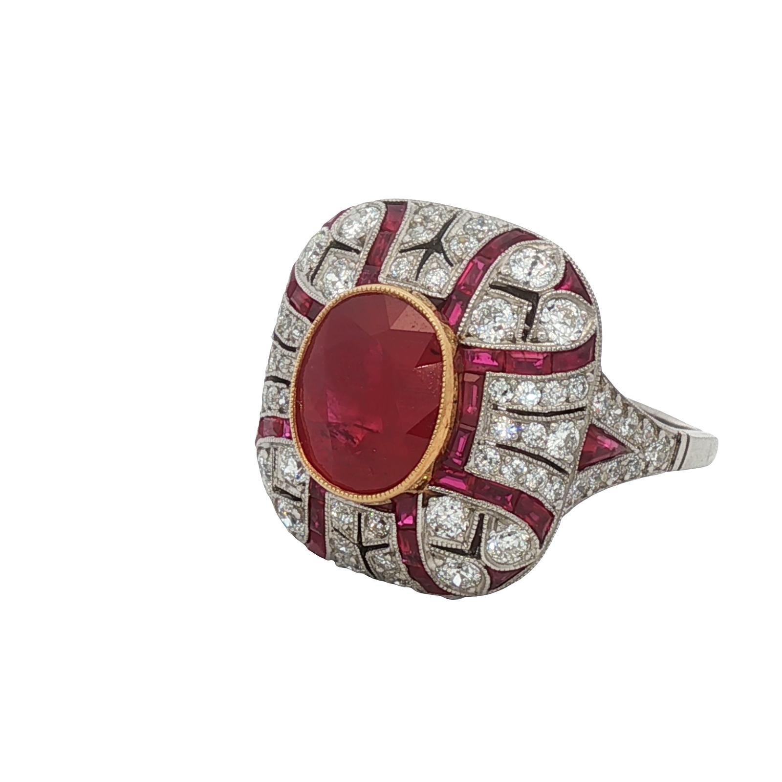 Burma Ruby Diamond Platinum Vintage Cocktail Ring