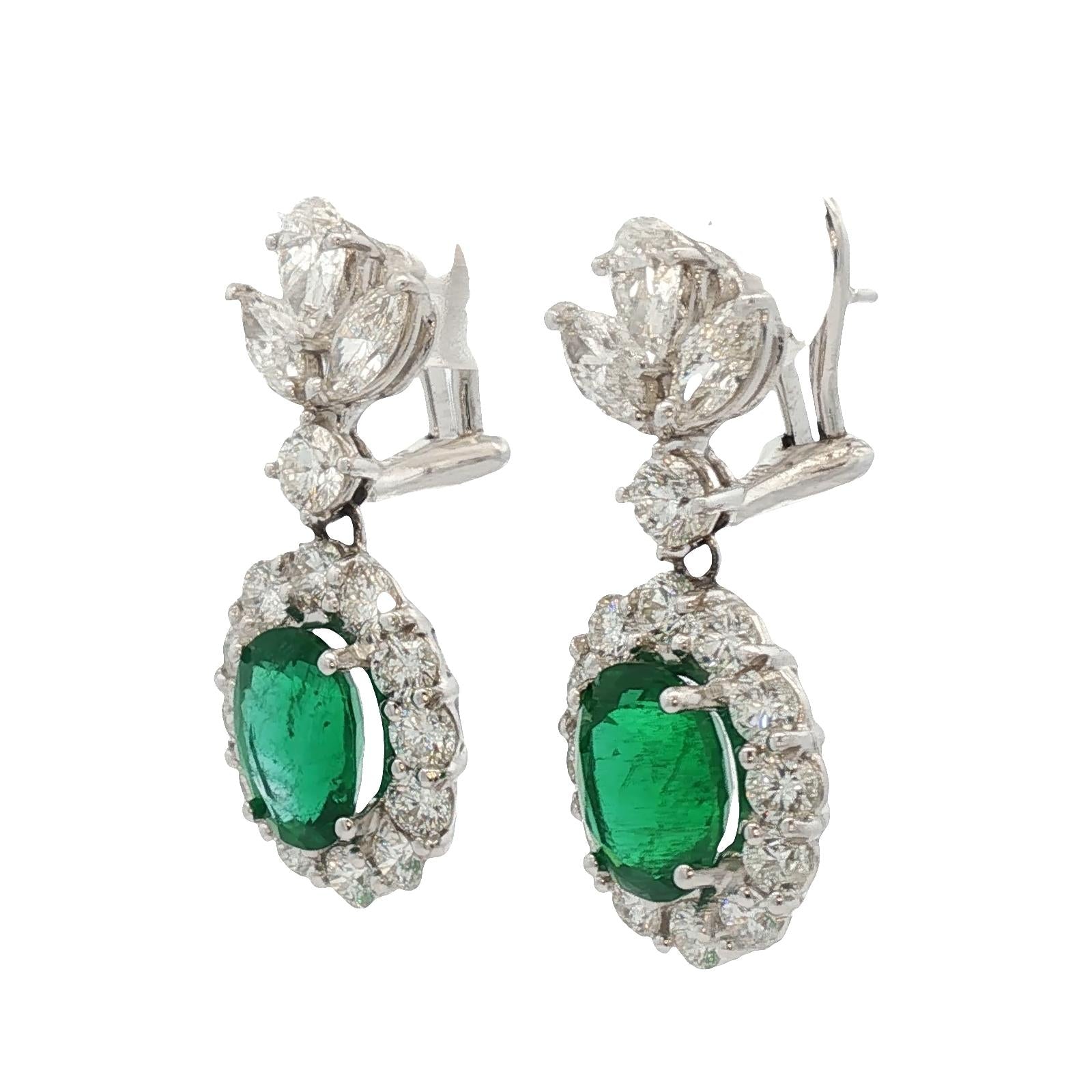 Emerald Diamond 18 Karat White Gold Drop Leverback Earrings New