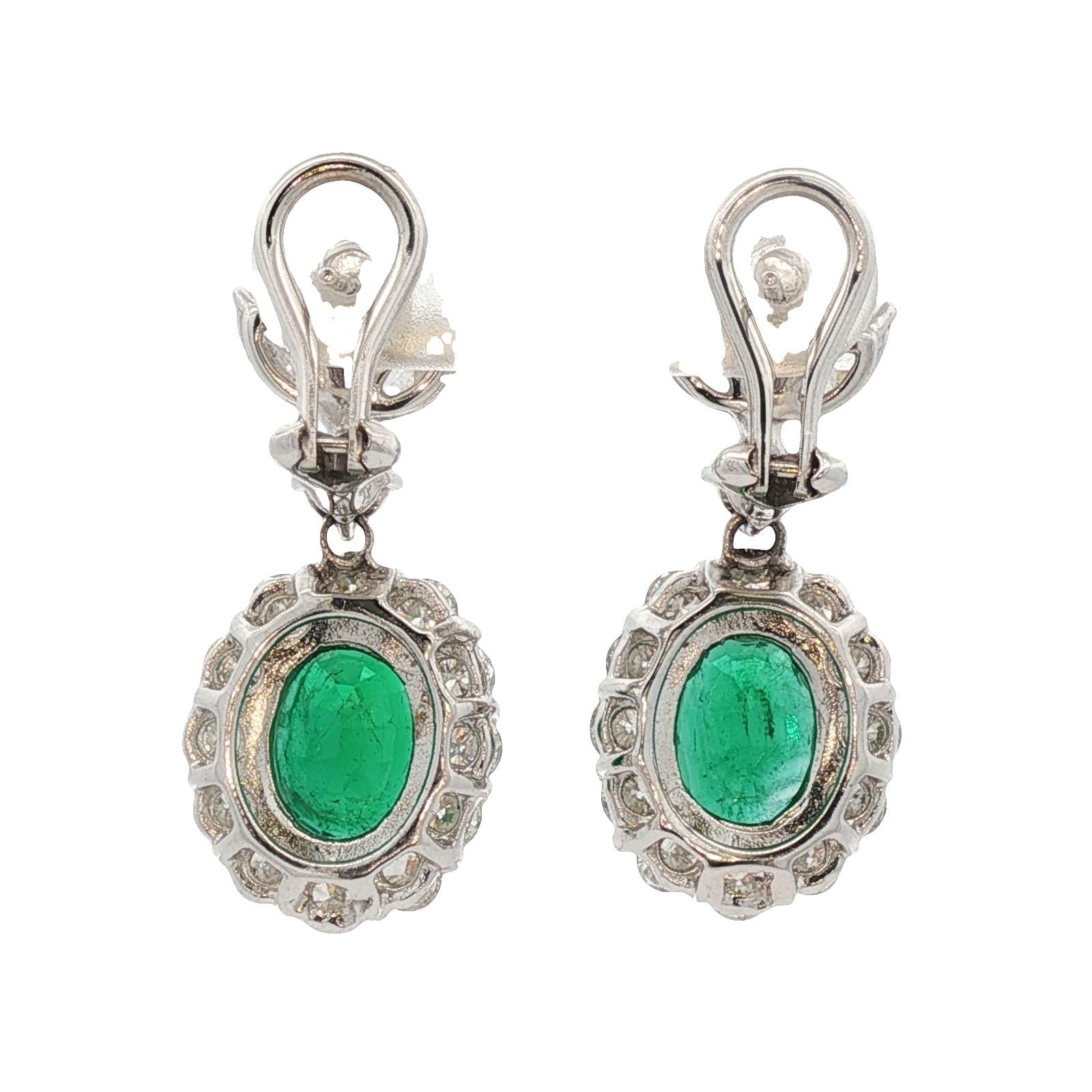 Emerald Diamond 18 Karat White Gold Drop Leverback Earrings New