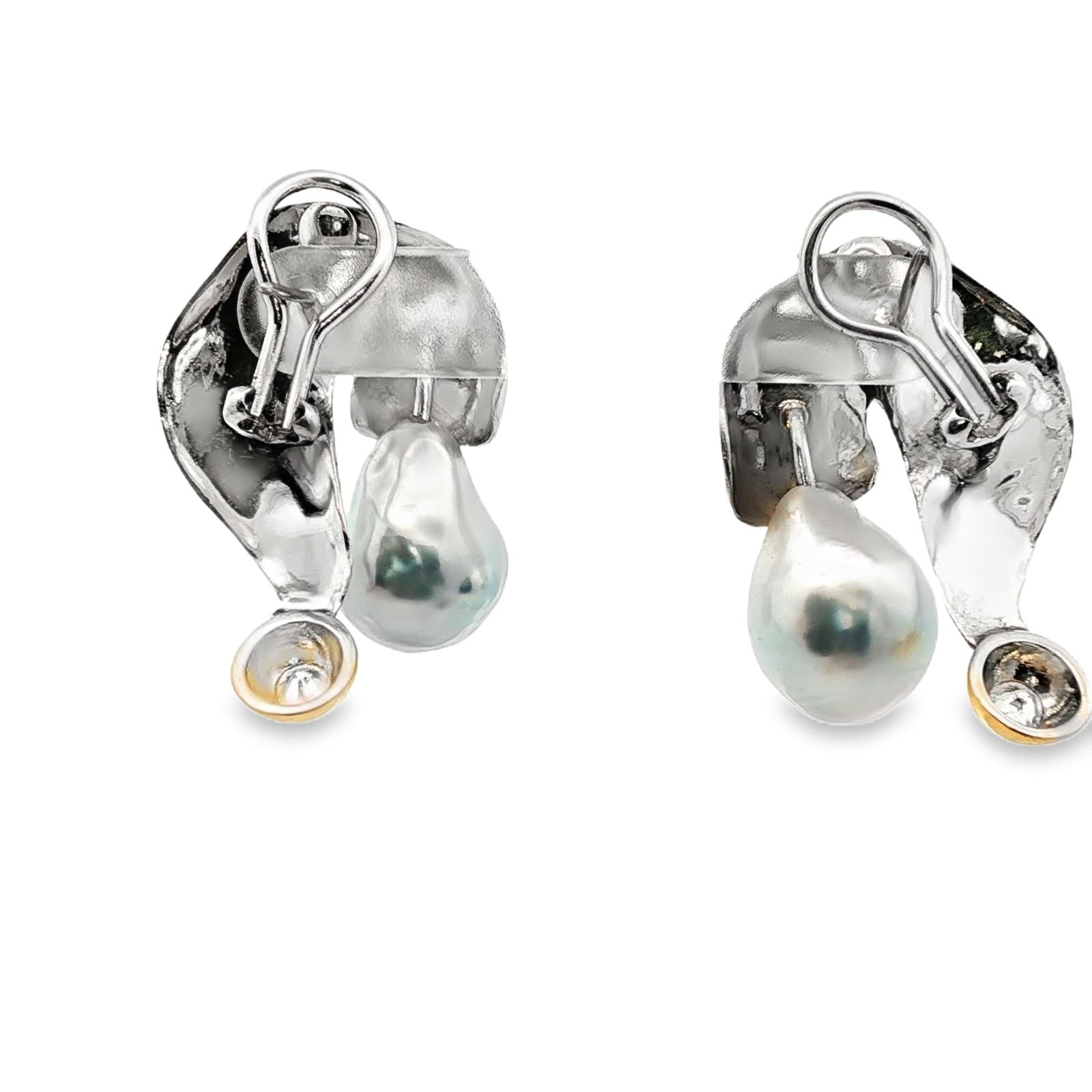 Diamond South Sea Pearl 18KTT Gold Drop Contemporary Lever-Back Earrings
