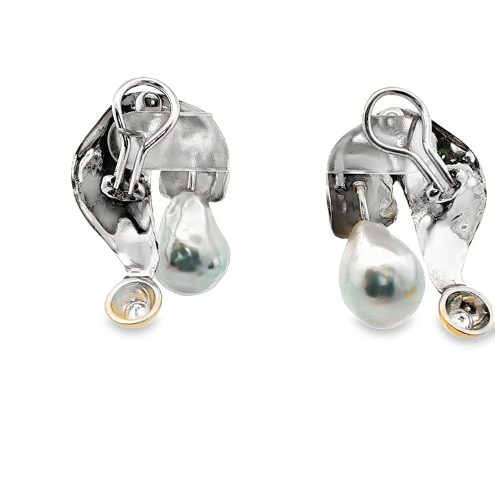 Diamond South Sea Pearl 18KTT Gold Drop Contemporary Lever-Back Earrings