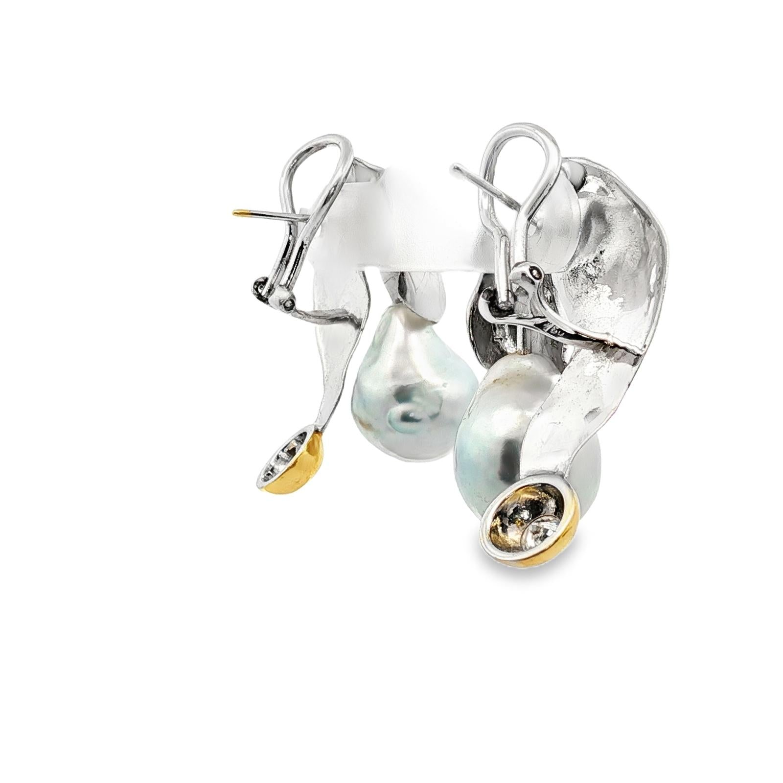 Diamond South Sea Pearl 18KTT Gold Drop Contemporary Lever-Back Earrings