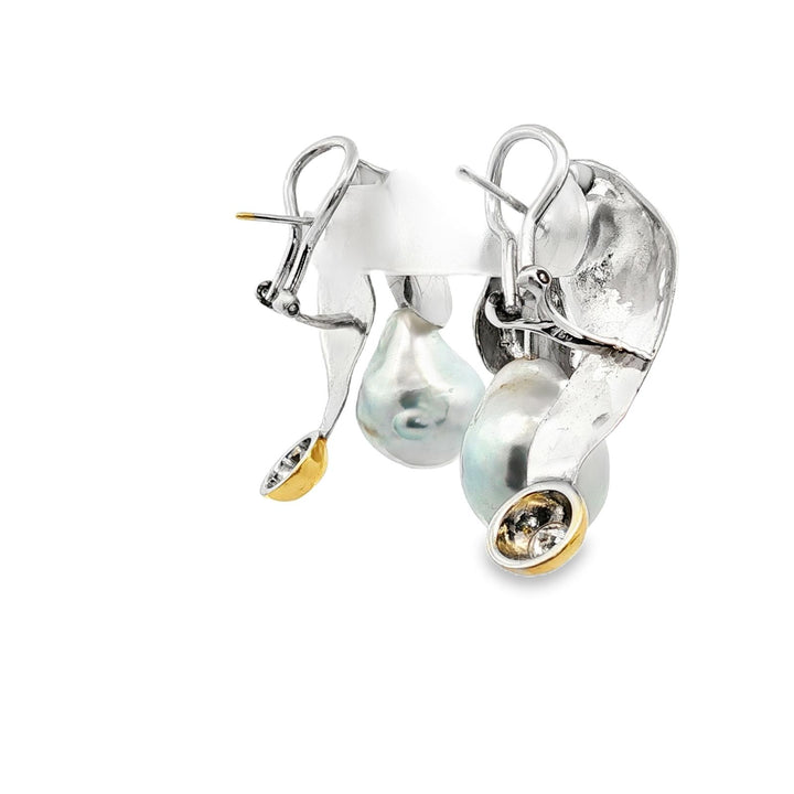 Diamond South Sea Pearl 18KTT Gold Drop Contemporary Lever-Back Earrings