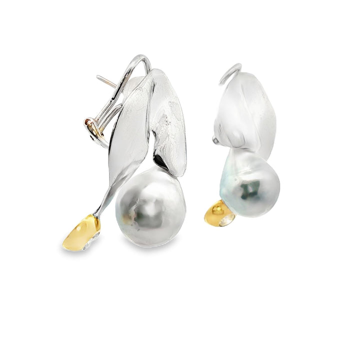 Diamond South Sea Pearl 18KTT Gold Drop Contemporary Lever-Back Earrings