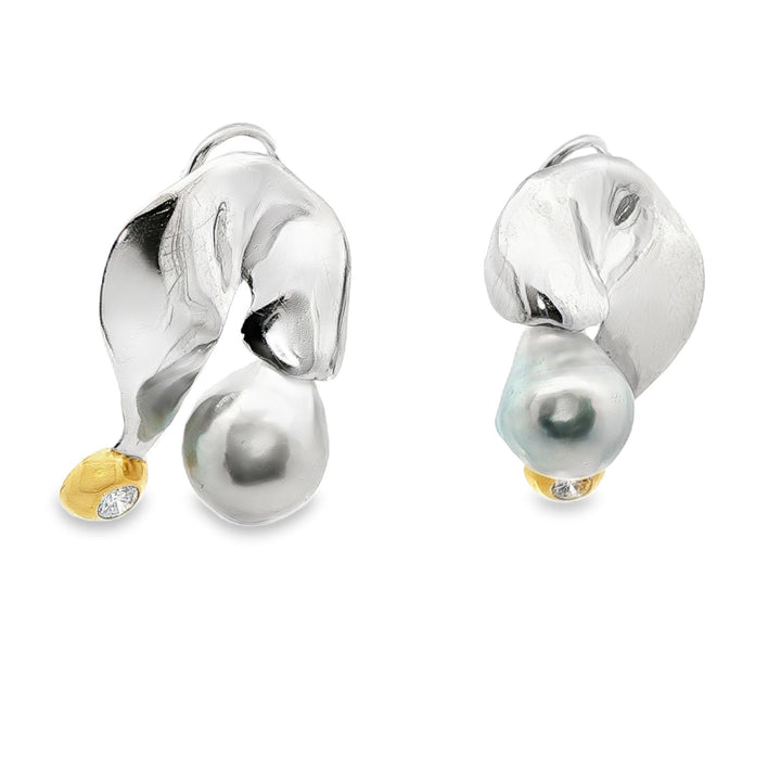 Diamond South Sea Pearl 18KTT Gold Drop Contemporary Lever-Back Earrings