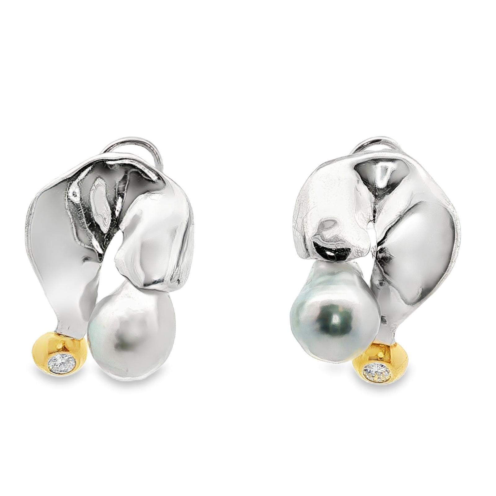 Diamond South Sea Pearl 18KTT Gold Drop Contemporary Lever-Back Earrings
