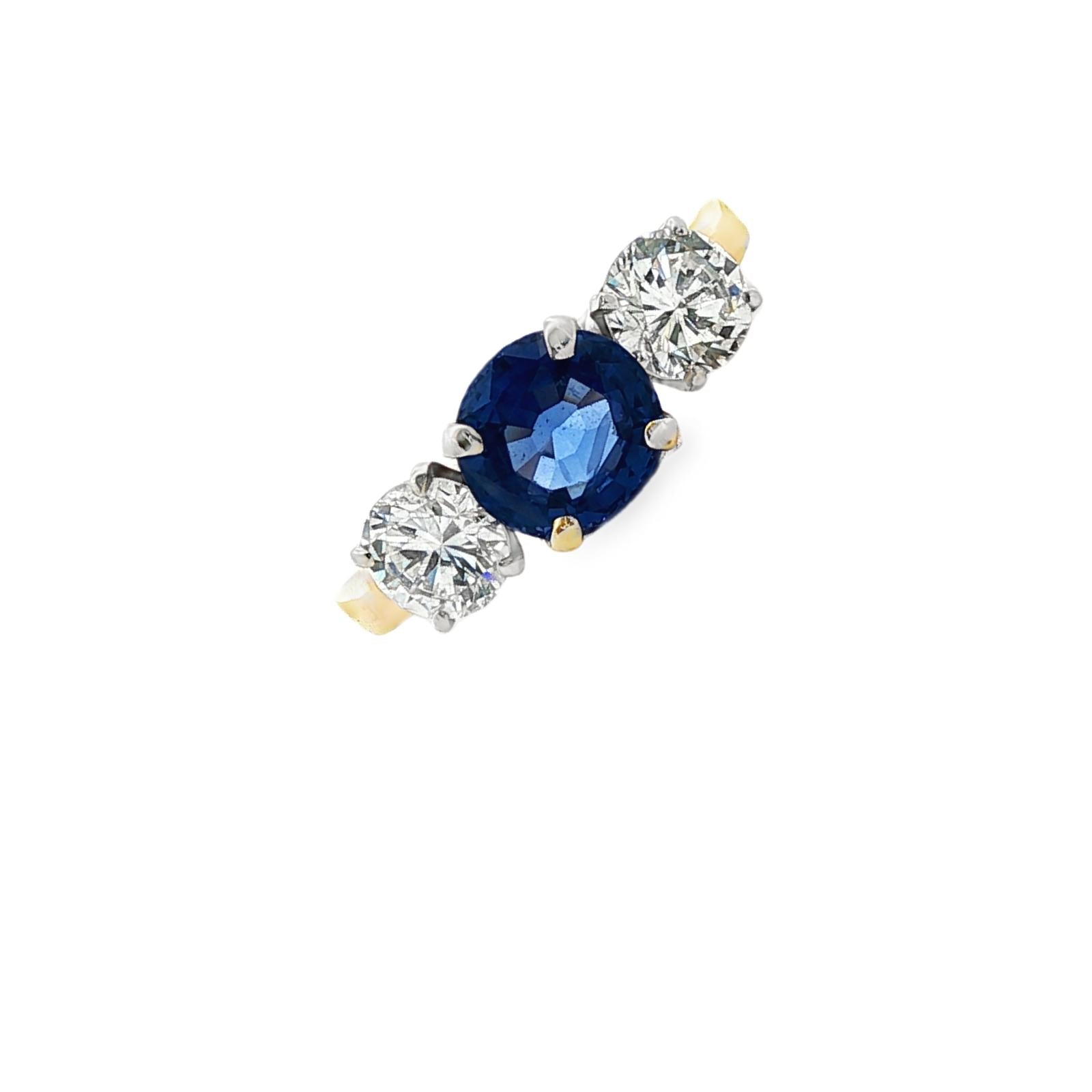 Sapphire Diamond Three Stone Band Ring 14 Karat Yellow Gold
