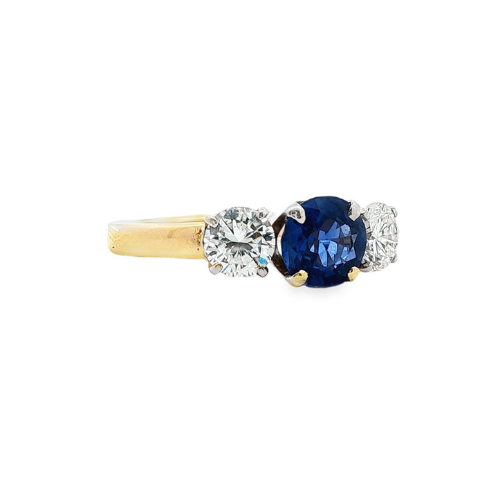 Sapphire Diamond Three Stone Band Ring 14 Karat Yellow Gold