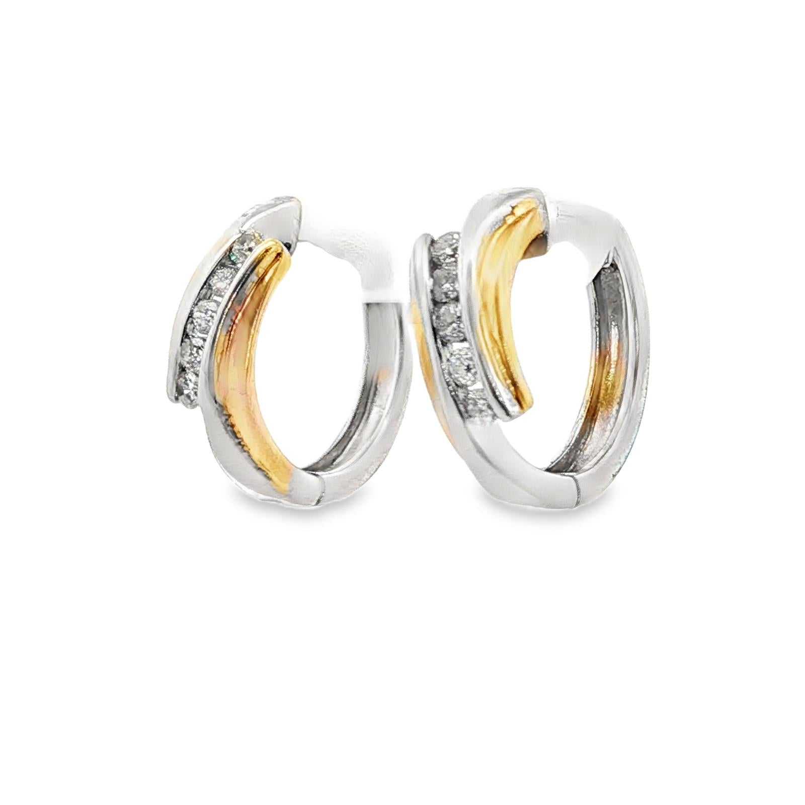 Contemporary Diamond 14 Karat White & Yellow Gold Huggie Hoop Earrings