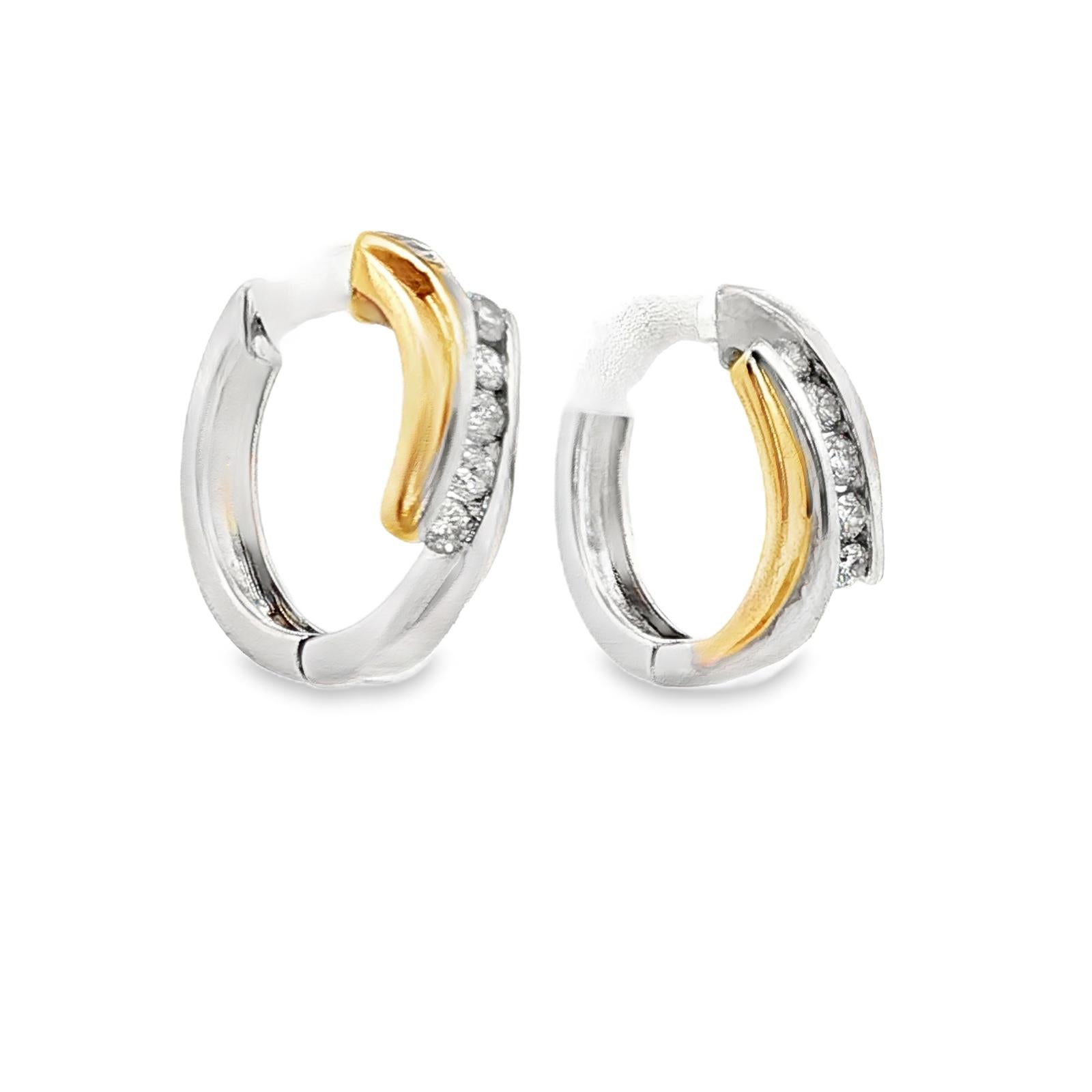 Contemporary Diamond 14 Karat White & Yellow Gold Huggie Hoop Earrings