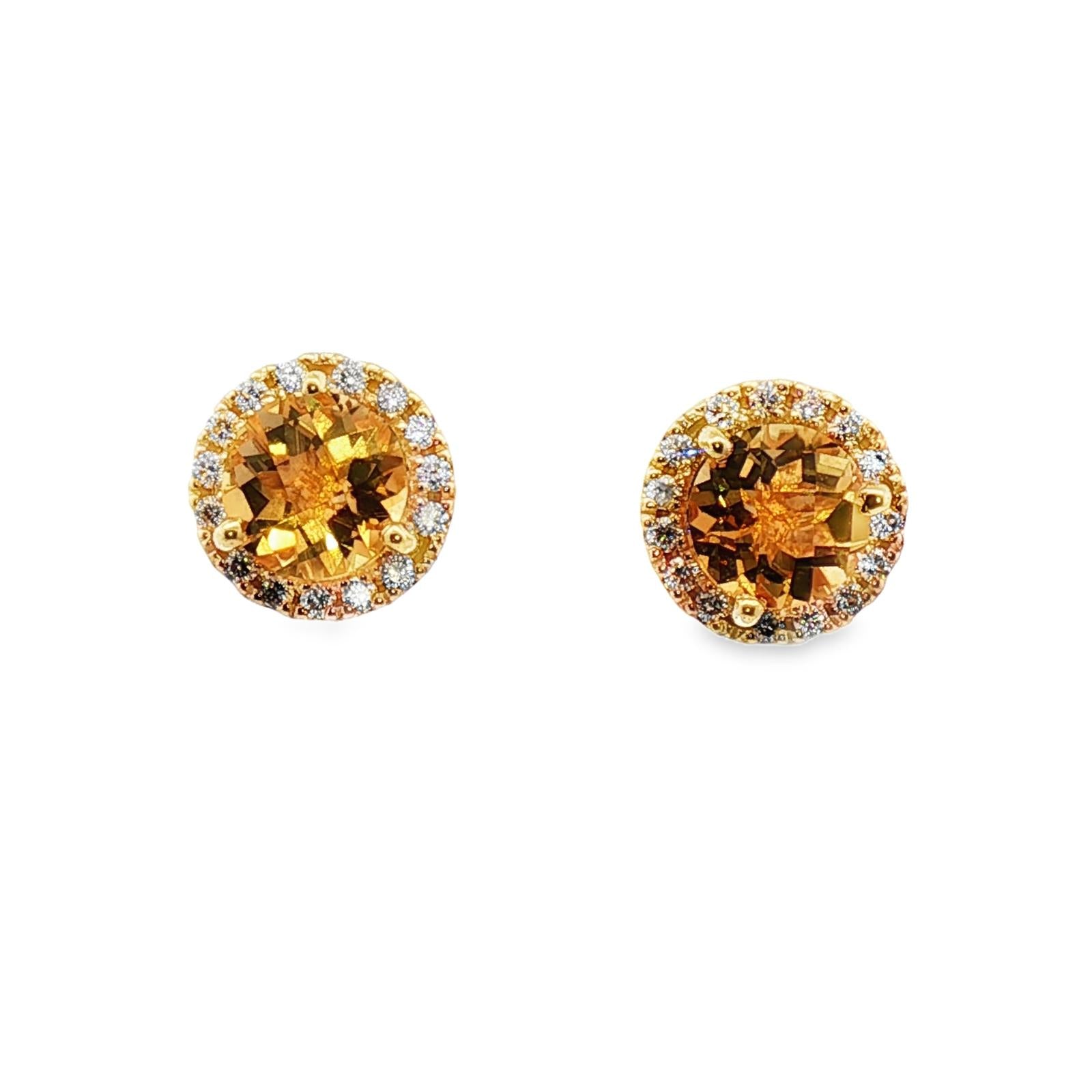 Citrine Diamond Halo 14 Karat Yellow Gold Stud Earrings