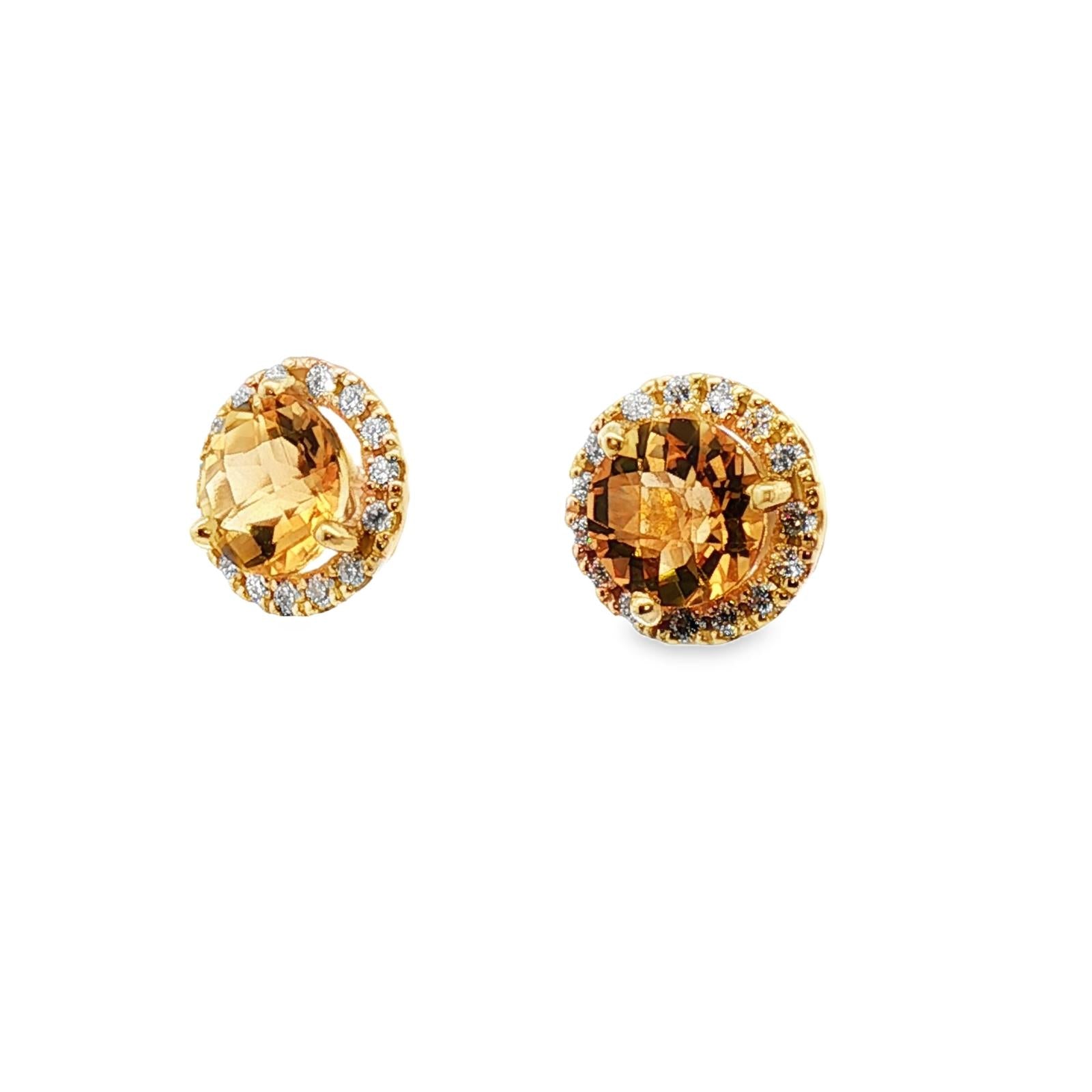Citrine Diamond Halo 14 Karat Yellow Gold Stud Earrings