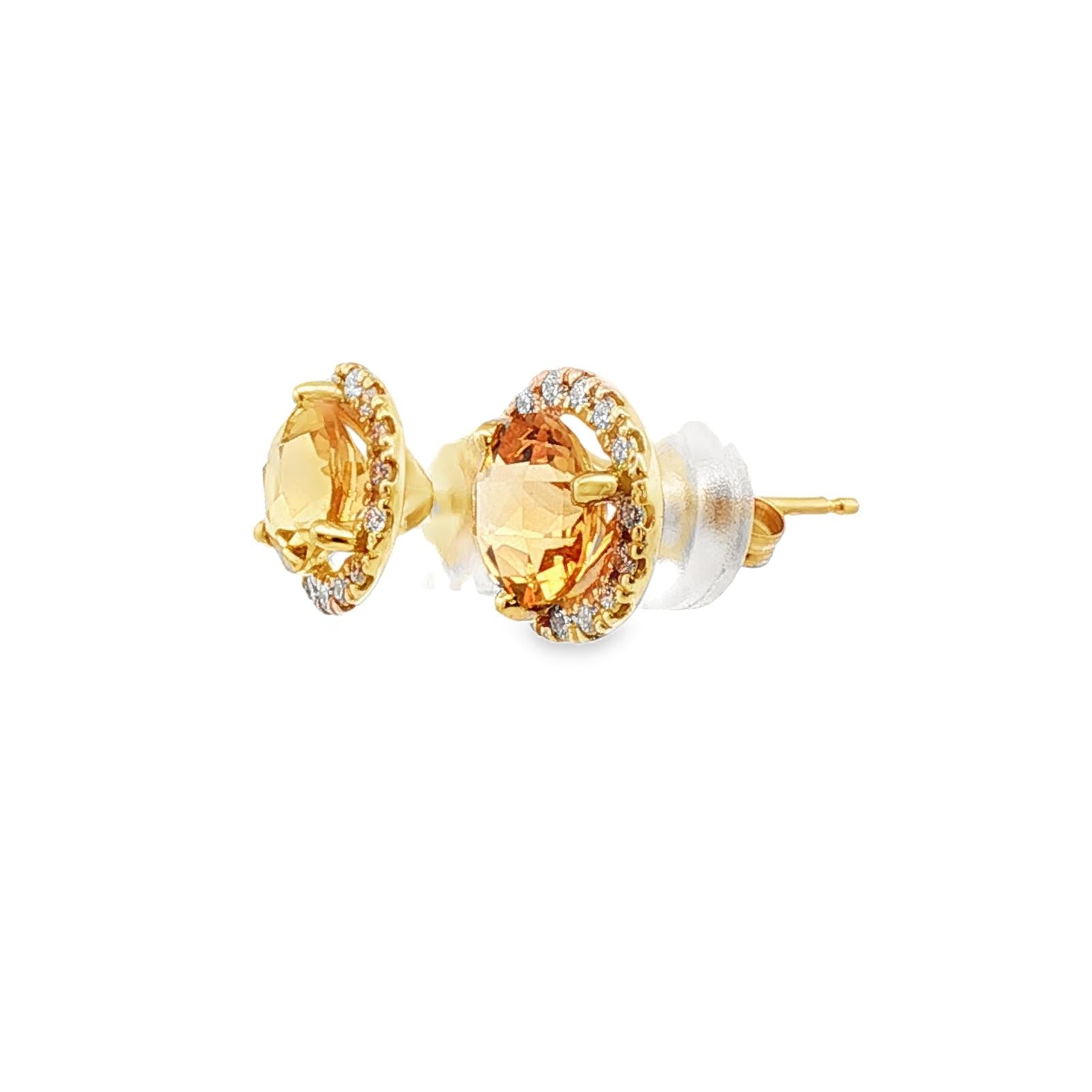 Citrine Diamond Halo 14 Karat Yellow Gold Stud Earrings