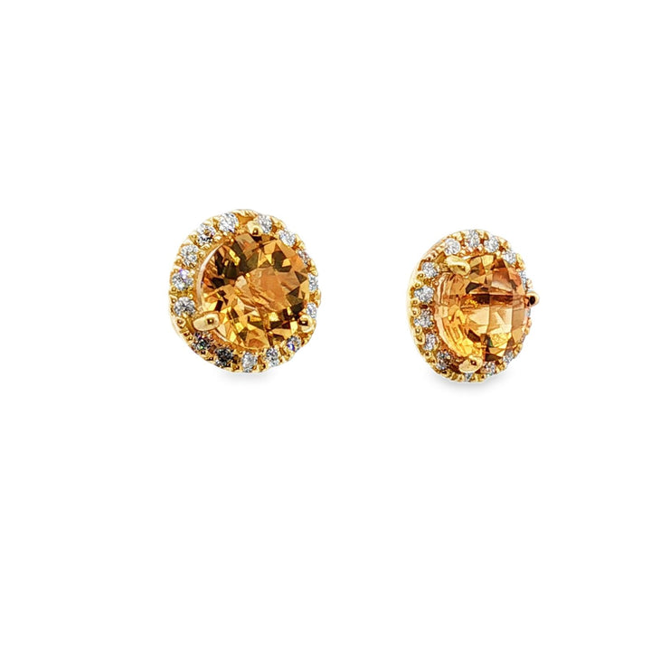 Citrine Diamond Halo 14 Karat Yellow Gold Stud Earrings