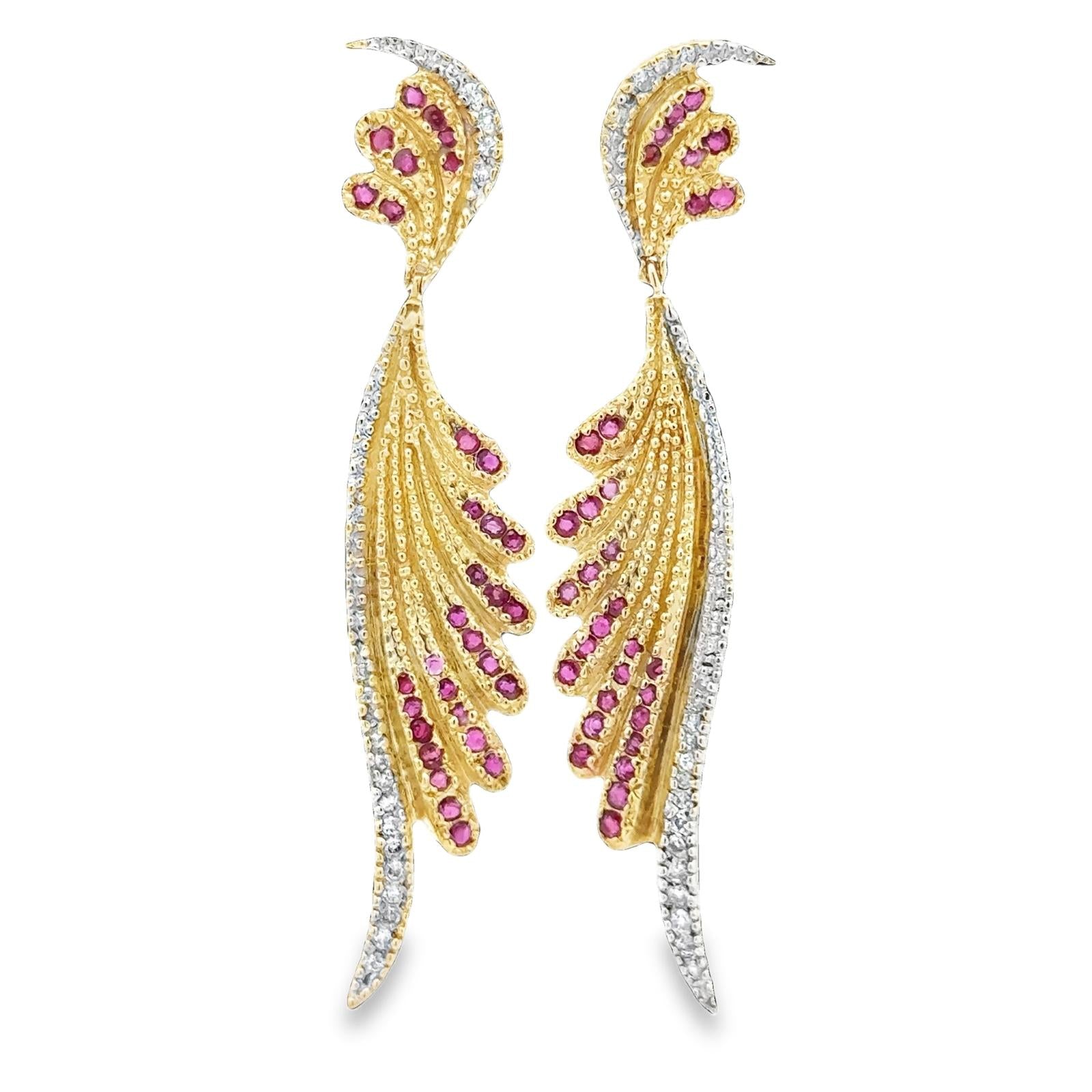 Diamond Ruby 14 Karat Yellow Gold Dangle Drop Contemporary Earrings Signed Erté