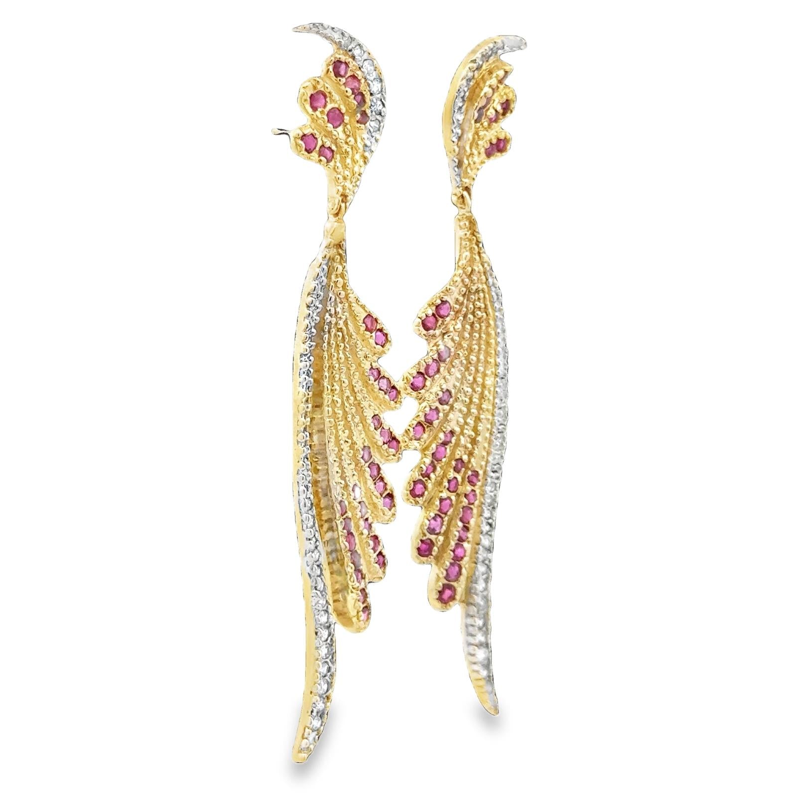 Diamond Ruby 14 Karat Yellow Gold Dangle Drop Contemporary Earrings Signed Erté