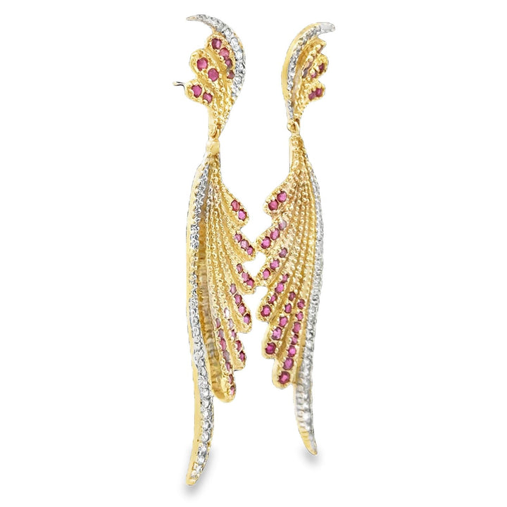 Diamond Ruby 14 Karat Yellow Gold Dangle Drop Contemporary Earrings Signed Erté