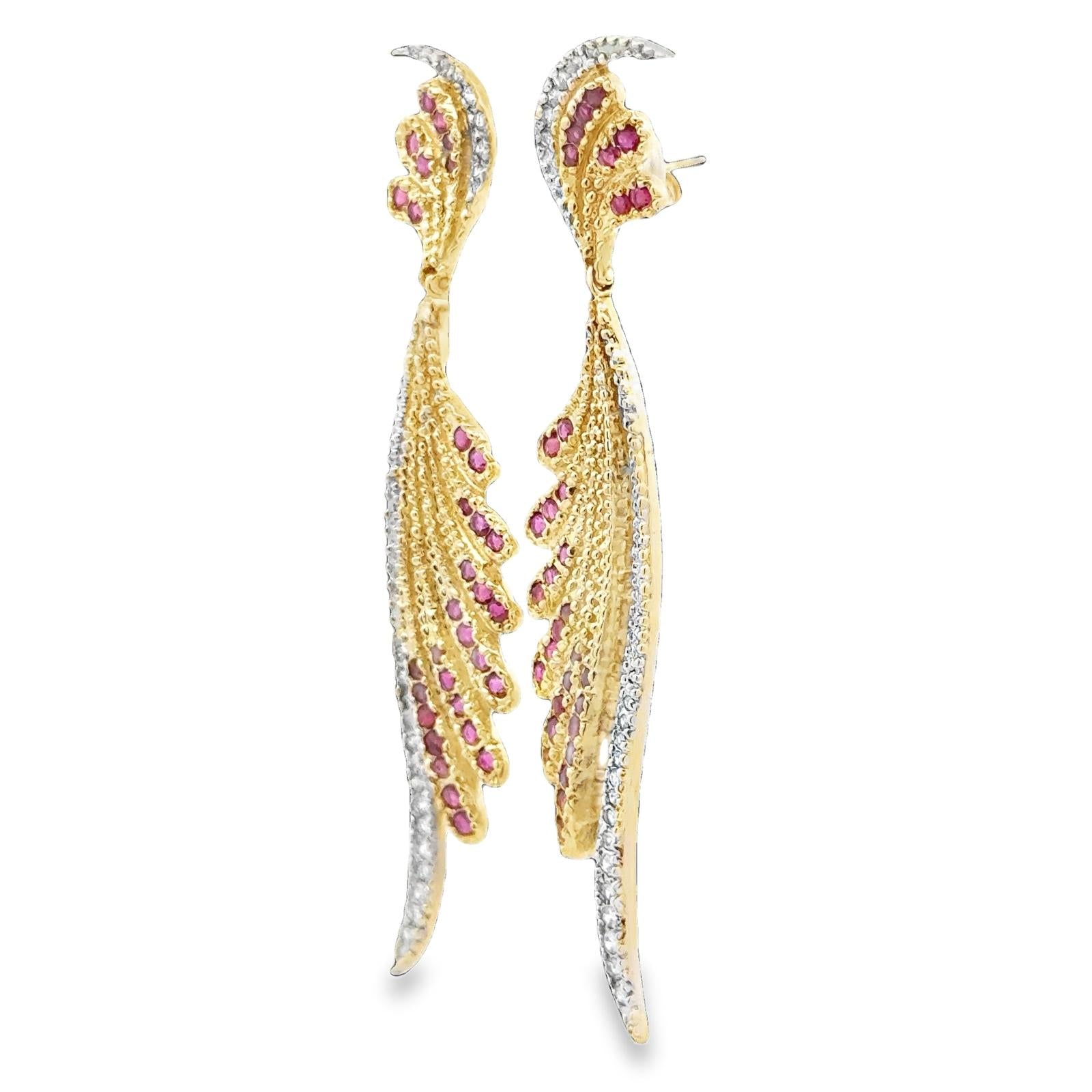 Diamond Ruby 14 Karat Yellow Gold Dangle Drop Contemporary Earrings Signed Erté