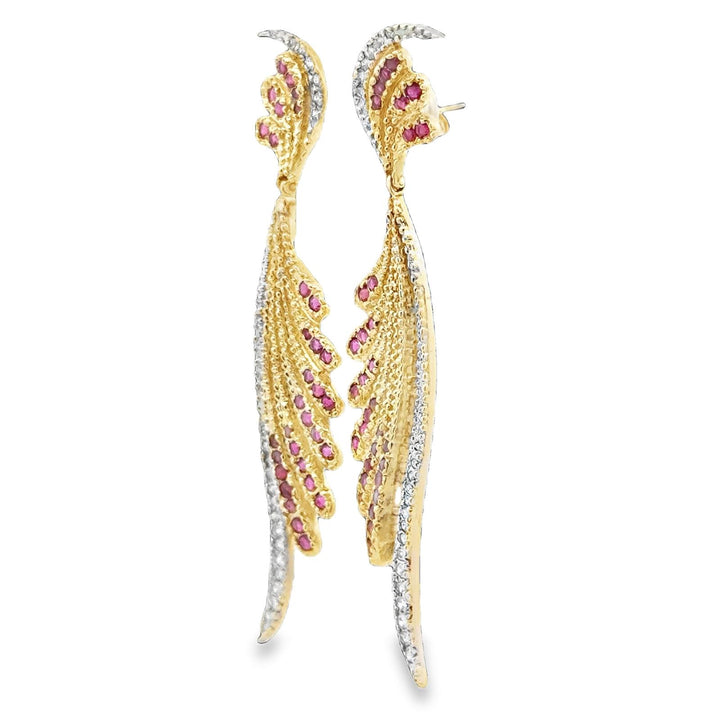 Diamond Ruby 14 Karat Yellow Gold Dangle Drop Contemporary Earrings Signed Erté